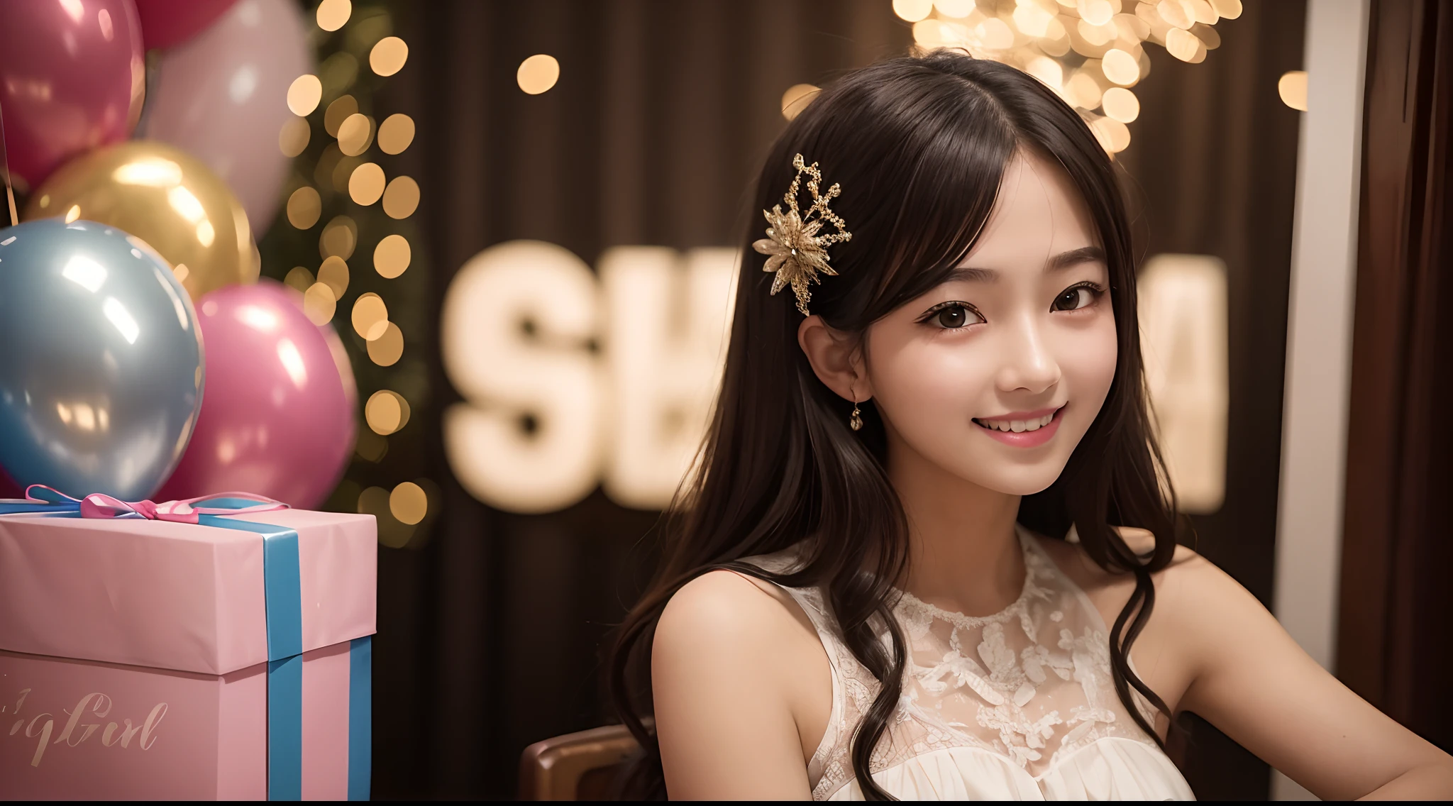 masterpiece, award winning, super detail, high quality, girl, solo, smile, close up, she is twenty years old, dressed up, casual dress, at a small party venue, next to the gift box, party decorations, soft light, cinematic, happiness