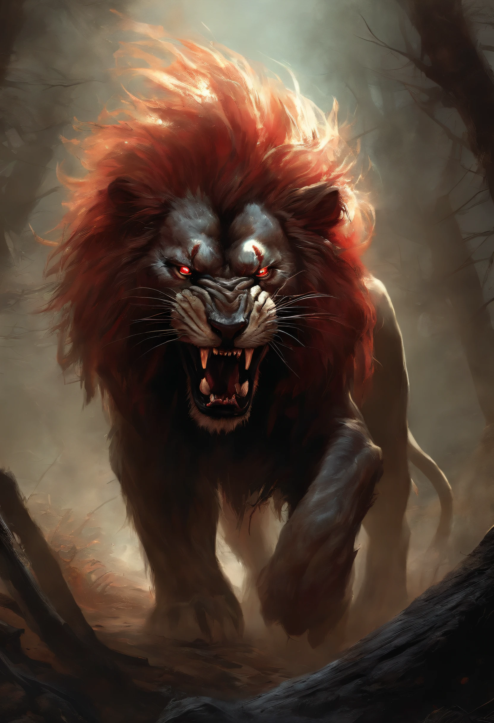 A painting of a humanoid Lion creature with a bloodied fangs, carnage, Sci - Horror Art of Fiction, Science fiction horror artwork, inspired by Aleksi Briclot, wolf, de carnage, Horror fantasy art, par Aleksi Briclot, Horror concept art, venin, Art fantastique et horreur, Detailed illustration of 4K horror, beast creature, Dark Horror Art