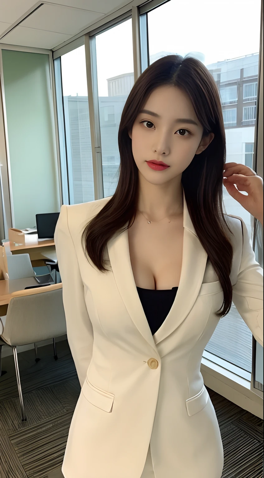 best quality,masterpiece,high resolution,HD,Korean beauty,music producer,beautiful necklace,White suit(Reveal body curves),Small waist,Brown low ponytail,Sophisticated makeup,beautiful lipstick,full-body shot,True Body,26 years old,White and tender skin