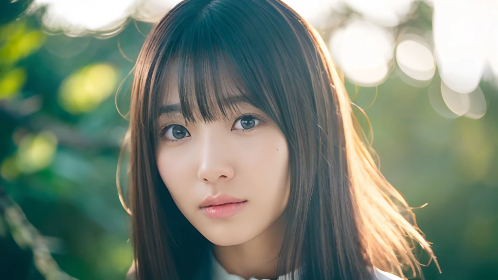 (top-quality、16K resolution)1人、独奏、natural soft light、small tits、A Japanese Lady、Looking at the camera、Long sleeve white T-shirt、Concrete background、Facing the front、is standing、bobhair、Woman in her late teeight bangs、short-hair、Salon model、Natural look、portlate、floated hair、Rolled hair