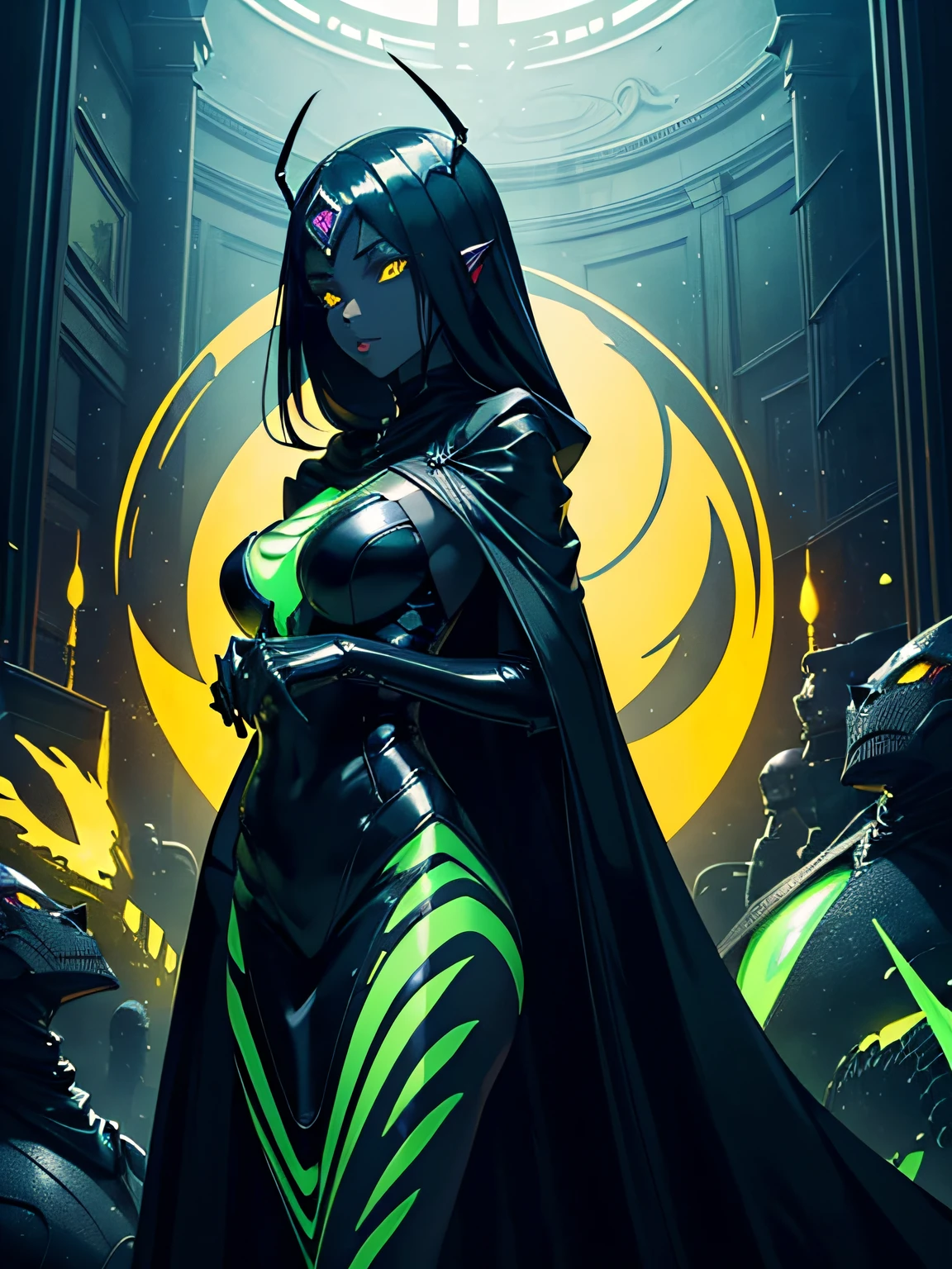 Masterpiece, elegance and danger, gloomy character, elegant insect girl, alien, (dark-black-scaly-chitin-skin), pitch-black skin, lots of yellow glowing insect eyes, hi-tech black equipment, sharp fingers, long cloak shaped chitin hair, green glowing hi-tech pistol