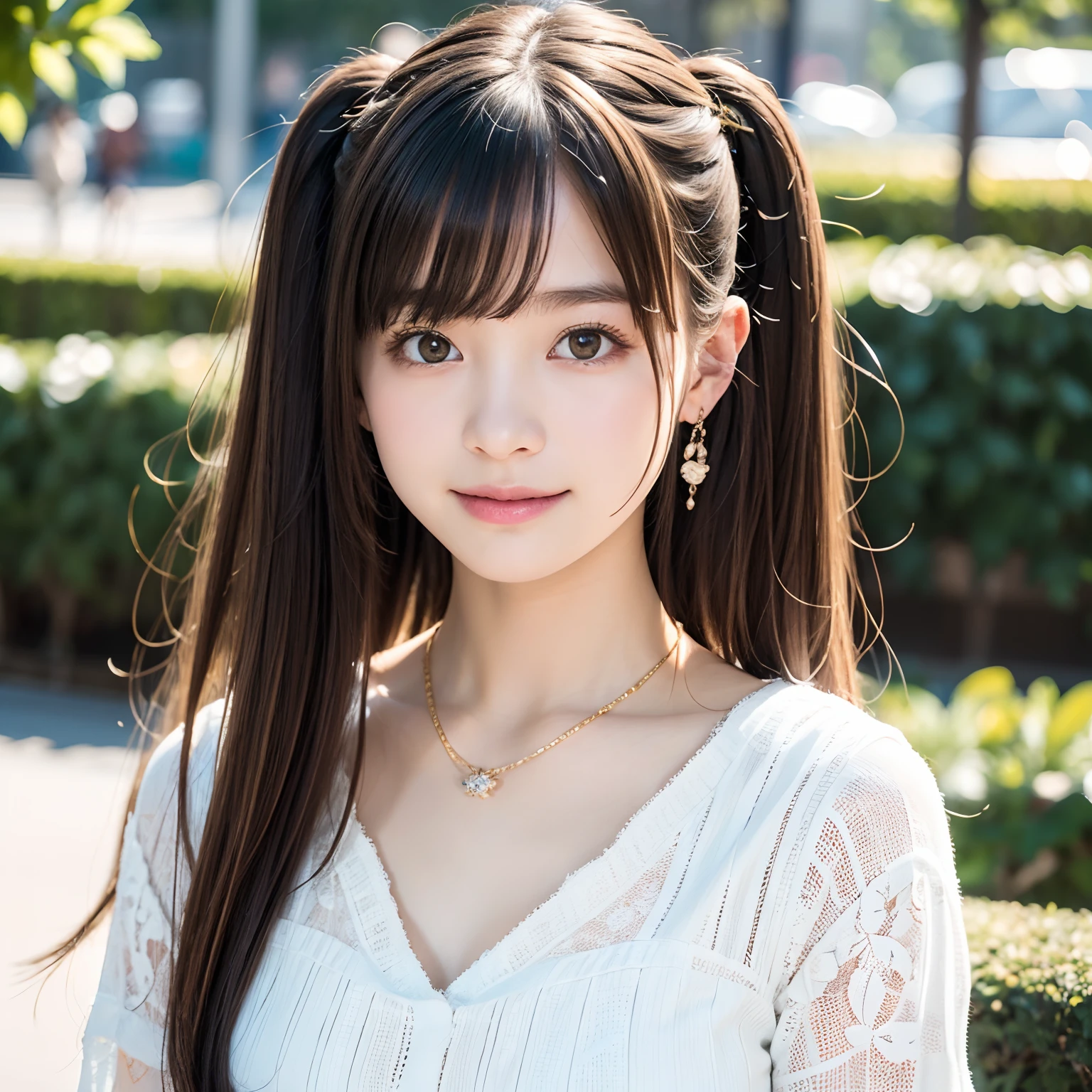 2 girls in、twin-tail hair,masutepiece, Best Quality, 8K, 15yo student, Teen, Raw photo, absurderes, award winning portrait, Smile,   Botanical Garden, neons, Idol face, violaceaess, gardeniass, Delicate girl, Upper body, Digital SLR, Looking at Viewer, Candid, Sophisticated, zora々Right, Thin arms, Professional Lighting, Film grain, chromatic abberation, (Eyes and faces with detailed:1.0), (Bokeh:1.1),Luxurious dresses、intricate lace、intricate hair ornament、Complex earrings、Complex necklaces、Beautiful breasts、shawls、