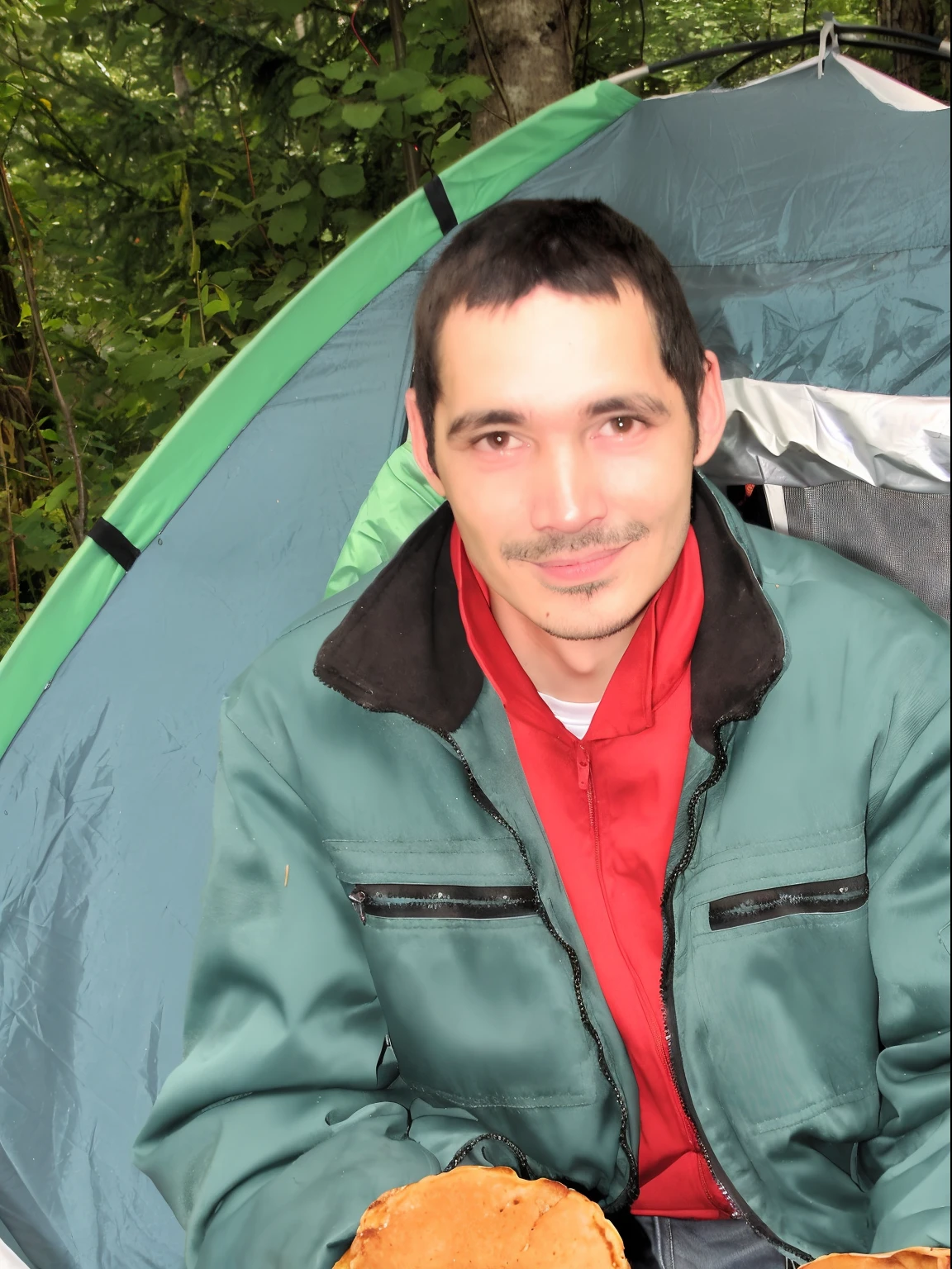 A man is sitting in a tent with two pancakes, giant mushrooms, high res photo, Mycologist, by Aleksander Gierymski, Radoslav Svrzikapa, portrait shot, Very tasty, Hasbulla Magomedov, photo portrait, by Alexander Fedosav, and ouellette, discovered photo