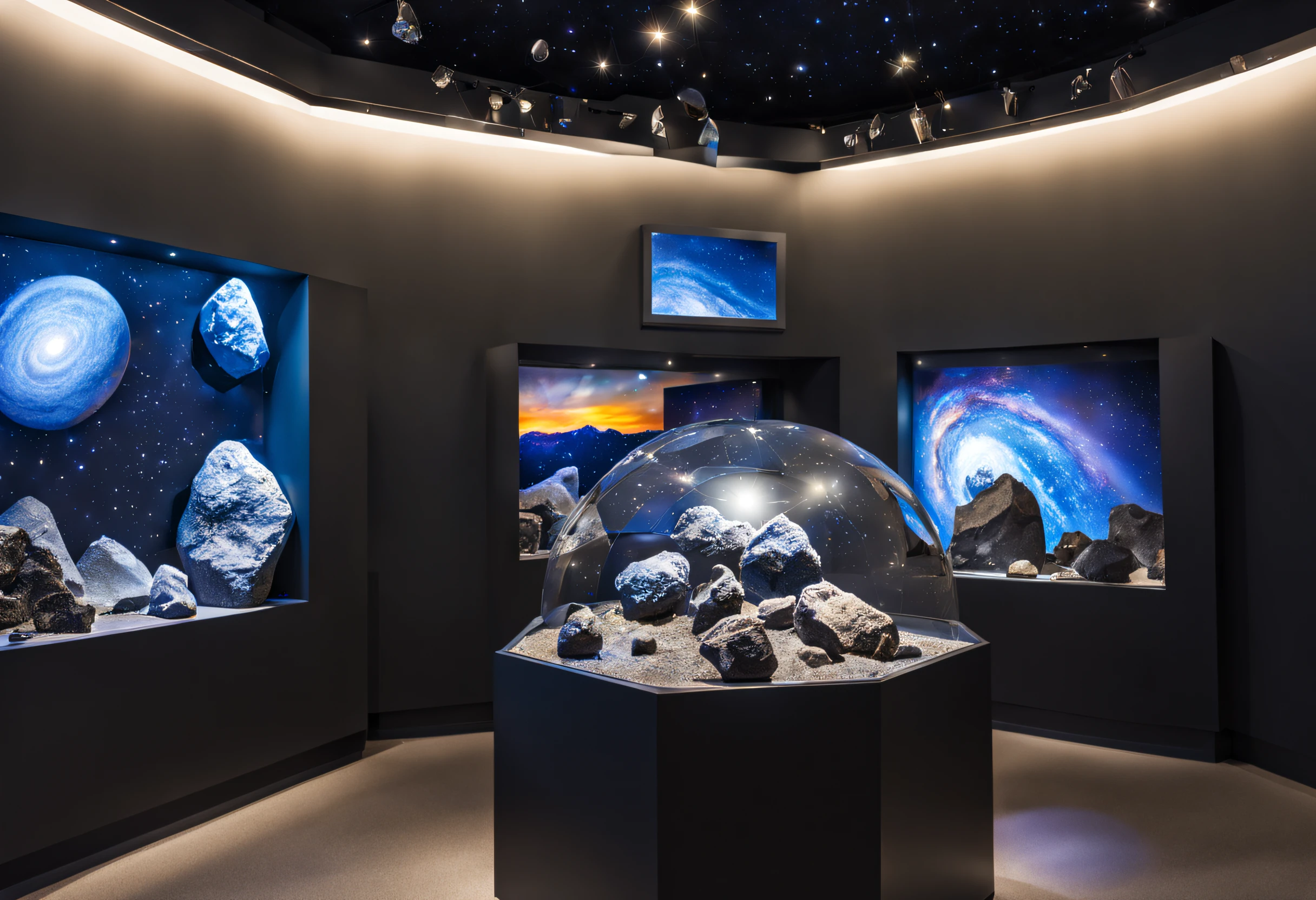 (a detailed and vibrant illustration) meteorite exhibit (museum display, guided tour, educational experience, interactive exhibits), astronomy museum, astronomy enthusiast visitors (exploring, observing, examining, analyzing), gazing in awe, meteorites impressive, various shapes, sizes, textures, fascinating cosmic rocks, space exploration, evolution of the universe, meteorite impacts, unique meteorite samples, enigmatic artifacts, interactive stations, learning experience, attractive exhibits, scientific discovery, revelation of the secrets of the cosmos, astral wonders, revelation of the mysteries of the universe, best quality, realistic and ultra-detailed representation, vivid colors, professional lighting effects, bokeh, illuminating the meteorites, showing its beauty, impressive spectacle, mesmerized visitors, cosmic atmosphere, travel of immersion, transformative exploration, enlightening encounter, inspiring curiosity, unforgettable experience.