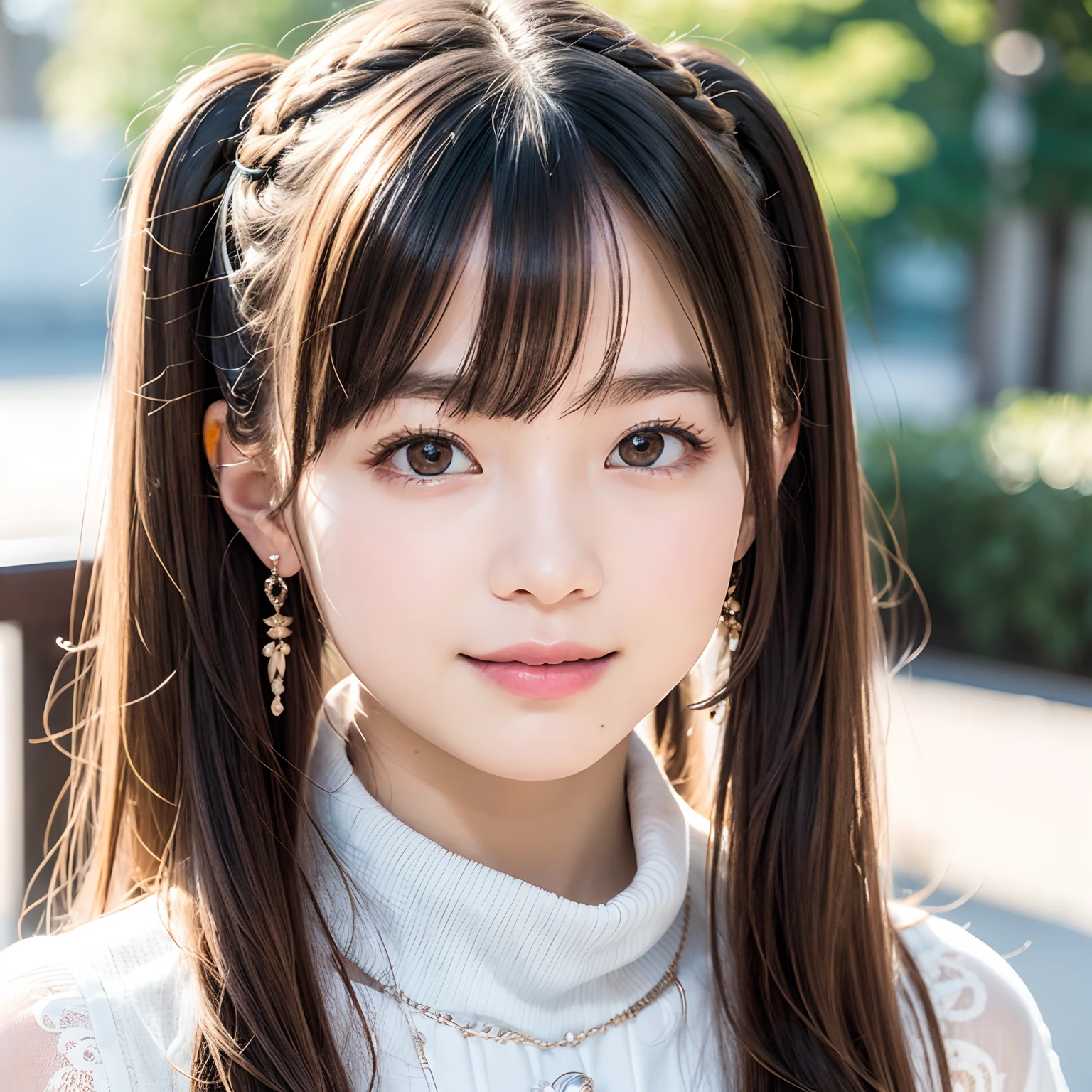 2 girls in、twin-tail hair,masutepiece, Best Quality, 8K, 15yo student, Teen, Raw photo, absurderes, award winning portrait, Smile, Botanical Garden, neons, Idol face, violaceaess, gardeniass, Delicate girl, Upper body, Digital SLR, Looking at Viewer, Candid, Sophisticated, zora々Right, Thin arms, Professional Lighting, Film grain, chromatic abberation, (Eyes and faces with detailed:1.0), (Bokeh:1.1),Luxurious dresses、intricate lace、intricate hair ornament、Complex earrings、Complex necklaces、Beautiful breasts、shawls、