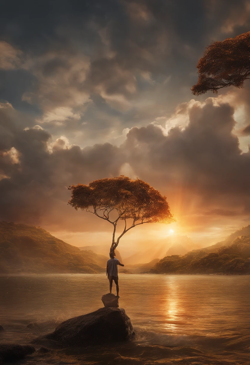 The image depicts a beautiful sunset in orange and gold hues on the horizon. No centro da imagem, there's a person standing, With your arms outstretched and your face turned upwards. The person is surrounded by a bright and transparent aura, representing a sense of peace and liberation. Ao redor da pessoa, Small glowing particles are dispersing, symbolizing the pain that's being left behind. No fundo, there is a serene landscape, com colinas verdes e uma cachoeira reluzente, conveying a sense of renewal and hope. This image conveys the idea of overcoming pain and the search for a happier and fuller life.
