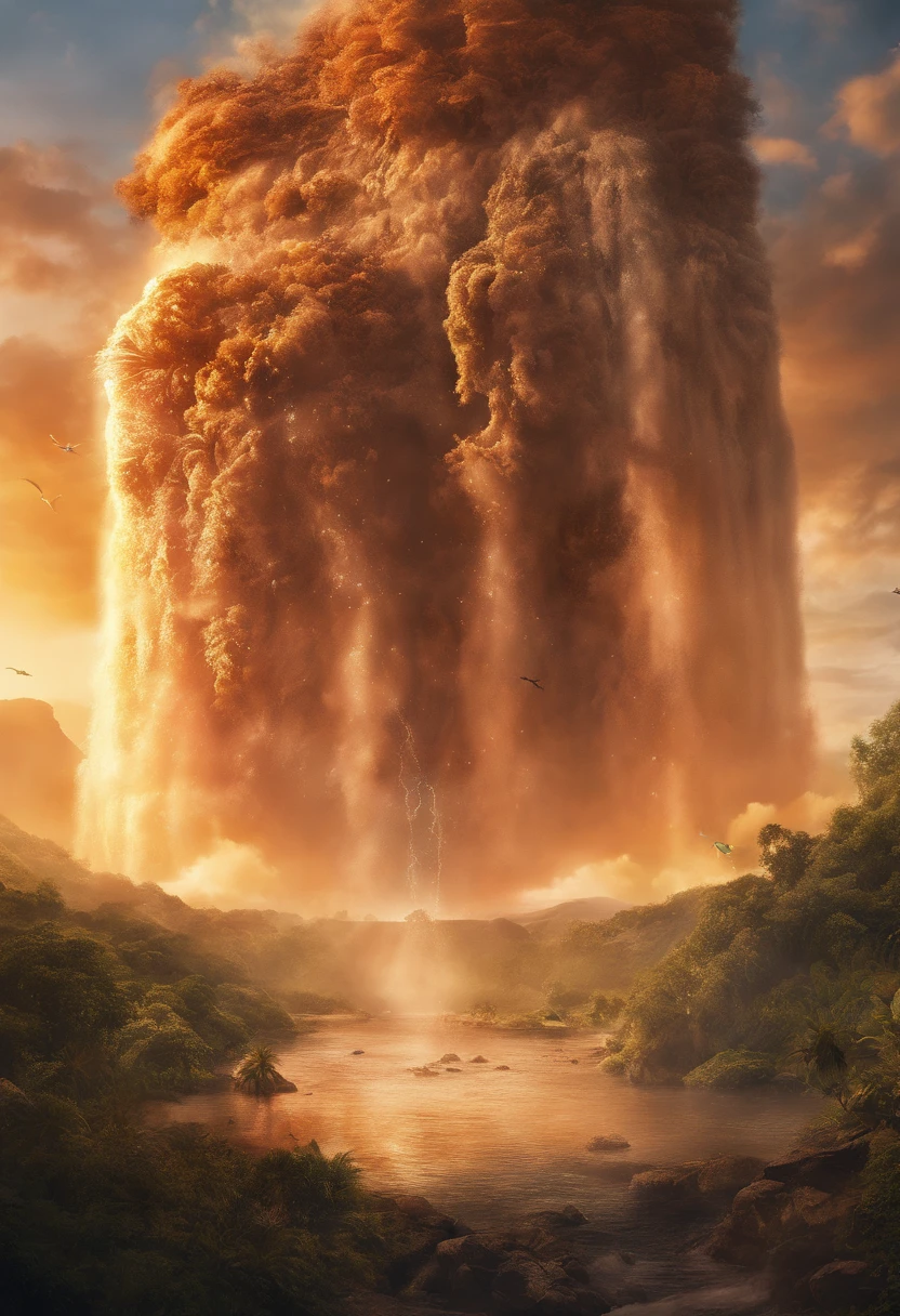 The image depicts a beautiful sunset in orange and gold hues on the horizon. No centro da imagem, there's a person standing, With your arms outstretched and your face turned upwards. The person is surrounded by a bright and transparent aura, representing a sense of peace and liberation. Ao redor da pessoa, Small glowing particles are dispersing, symbolizing the pain that's being left behind. No fundo, there is a serene landscape, com colinas verdes e uma cachoeira reluzente, conveying a sense of renewal and hope. This image conveys the idea of overcoming pain and the search for a happier and fuller life.
