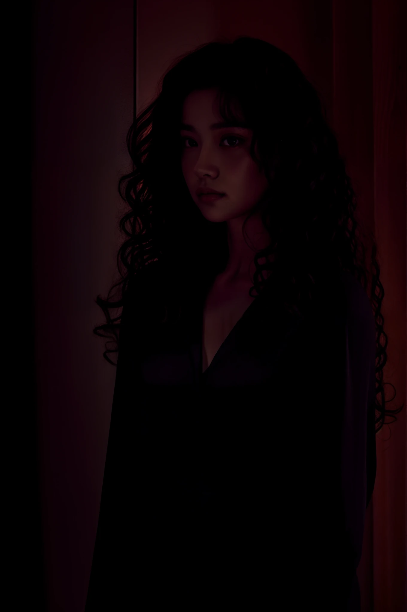 1girl,curly hair,in the dark, medium shadow black clothing