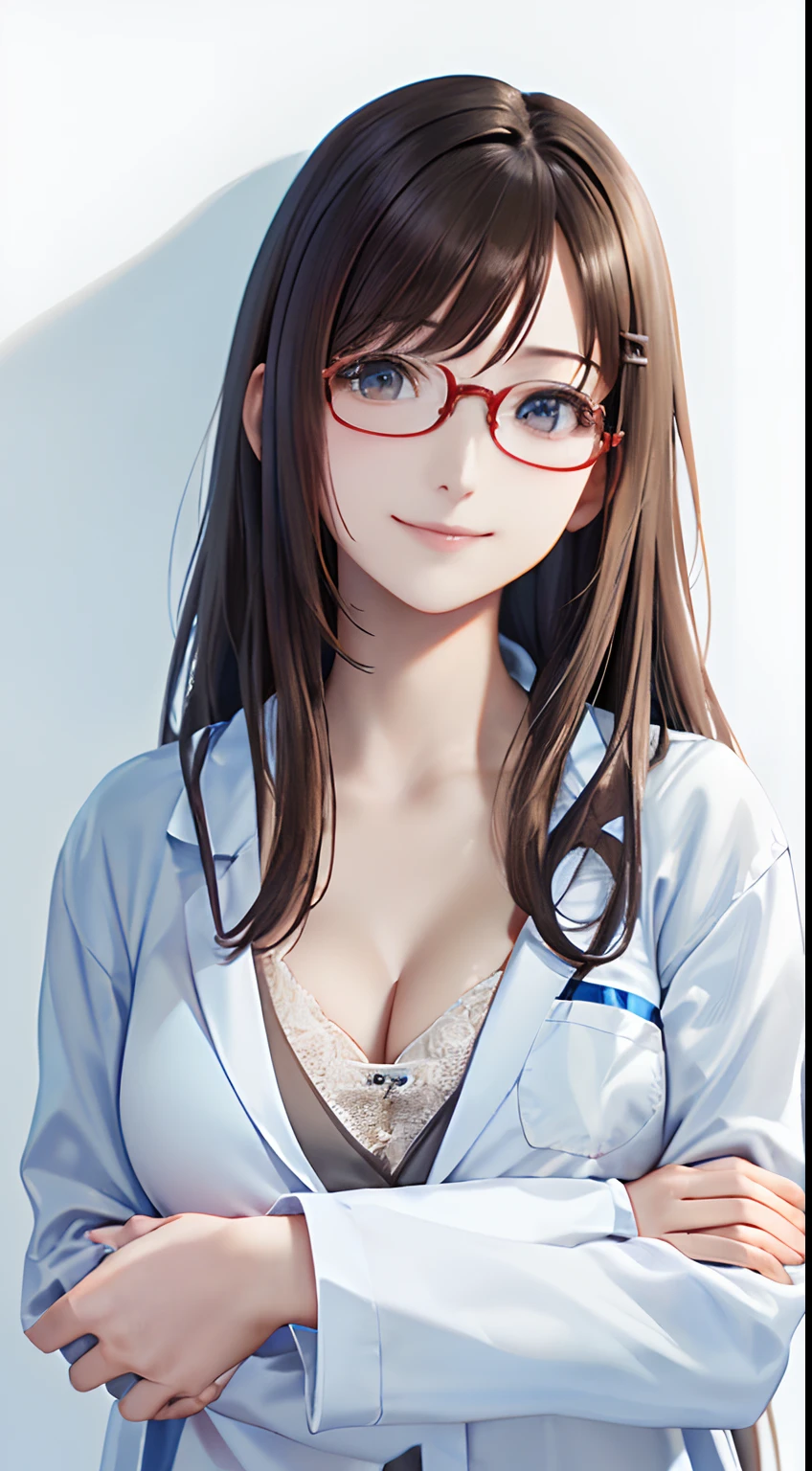 (top-quality、8K、32K、​masterpiece、nffsw:1.2)、(Raw photography)、(realisitic)、(Photorealsitic:1.2)、(hight resolution)、ultra-detailliert、extremely beautiful face and eyes、1girl in、round small face、big breasts thin waist、Delicate body、(a closeup、top-quality、high detailing、rich skin detail、nffsw)、(Best Quality、8K、Oil Painting、masutepiece:1.2)、Ultra-detailed、(Realistic、Photorealistic:1.37)、Vibrant colors、(((I'm wearing a lab coat)))、(((Wearing a white coat like a doctor)))、(((I'm wearing a light blue inner garment)))、(((cleavage of the breast)))、(((light brown hair)))、(((Very long hair)))、(((Wearing red-rimmed glasses)))、(((bustshot)))、(((White wall background)))、(((Bangs are fastened with hairpins)))、(((wearing lab coat)))、(((Thrilling look)))、(((I'm wearing a light blue inner garment)))、(((I'm sweating)))、(((The face is flushed)))、(((I love you)))、(((The face is tense)))、(((Smiling)))、(((I'm hugging myself with my hands)))