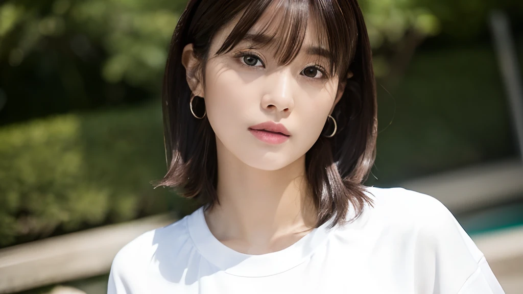 (top-quality、16K resolution)1人、独奏、natural soft light、small tits、A Japanese Lady、Looking at the camera、Long sleeve white T-shirt、Concrete background、Facing the front、is standing、bobhair、Woman in her late teeight bangs、short-hair、Salon model、Natural look、portlate、floated hair、Rolled hair