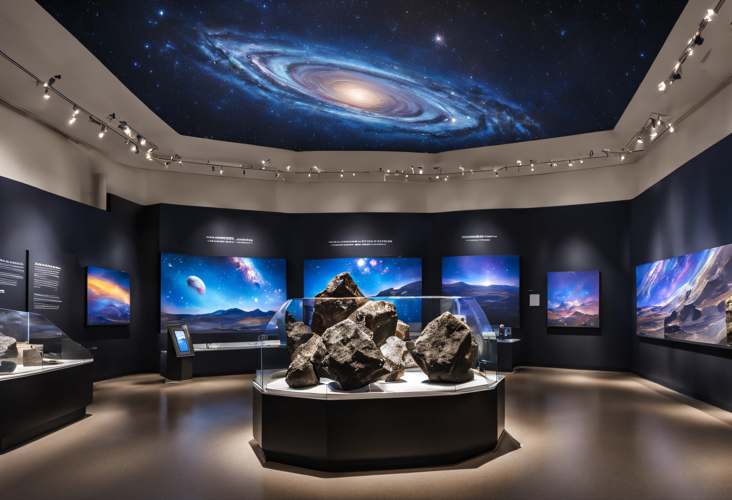 (a detailed and vibrant illustration) meteorite exhibit (museum display, guided tour, educational experience, interactive exhibits), astronomy museum, astronomy enthusiast visitors (exploring, observing, examining, analyzing), gazing in awe, meteorites impressive, various shapes, sizes, textures, fascinating cosmic rocks, space exploration, evolution of the universe, meteorite impacts, unique meteorite samples, enigmatic artifacts, interactive stations, learning experience, attractive exhibits, scientific discovery, revelation of the secrets of the cosmos, astral wonders, revelation of the mysteries of the universe, best quality, realistic and ultra-detailed representation, vivid colors, professional lighting effects, bokeh, illuminating the meteorites, showing its beauty, impressive spectacle, mesmerized visitors, cosmic atmosphere, travel of immersion, transformative exploration, enlightening encounter, inspiring curiosity, unforgettable experience.