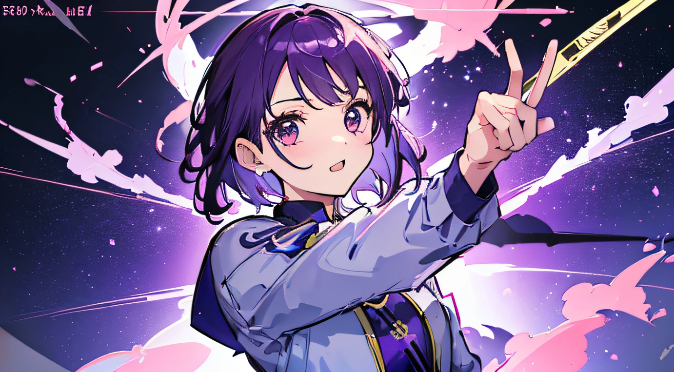 ((tmasterpiece,4k wallpaper,best qualtiy))、((girl with1a person))、(独奏)、Brilliant,(Purple hair)、short-cut、25-years old、Click here for the line of sight,