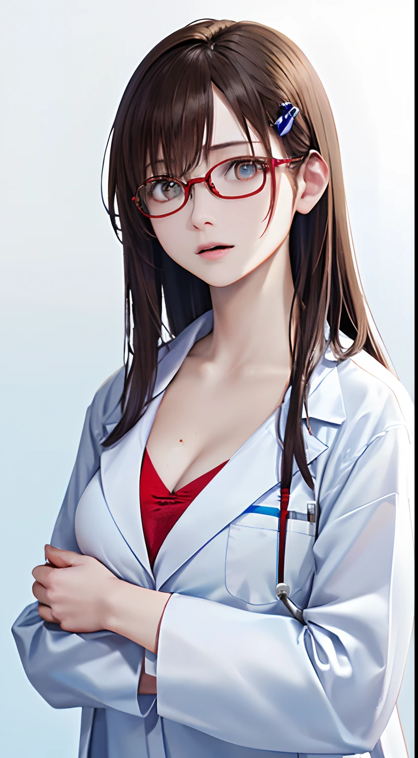 (top-quality、8K、32K、​masterpiece、nffsw:1.2)、(Raw photography)、(realisitic)、(Photorealsitic:1.2)、(hight resolution)、ultra-detailliert、extremely beautiful face and eyes、1girl in、round small face、big breasts thin waist、Delicate body、(a closeup、top-quality、high detailing、rich skin detail、nffsw)、(Best Quality、8K、Oil Painting、masutepiece:1.2)、Ultra-detailed、(Realistic、Photorealistic:1.37)、Vibrant colors、(((I'm wearing a lab coat)))、(((Wearing a white coat like a doctor)))、(((I'm wearing a light blue inner garment)))、(((cleavage of the breast)))、(((light brown hair)))、(((Very long hair)))、(((Wearing red-rimmed glasses)))、(((bustshot)))、(((White wall background)))、(((Bangs are fastened with hairpins)))、(((wearing lab coat)))、(((Thrilling look)))、(((Light Blue Inner)))、(((I'm sweating)))、(((The face is flushed)))、(((Frightened look)))、(((The face is tense)))、(((I'm hugging myself with my hands)))