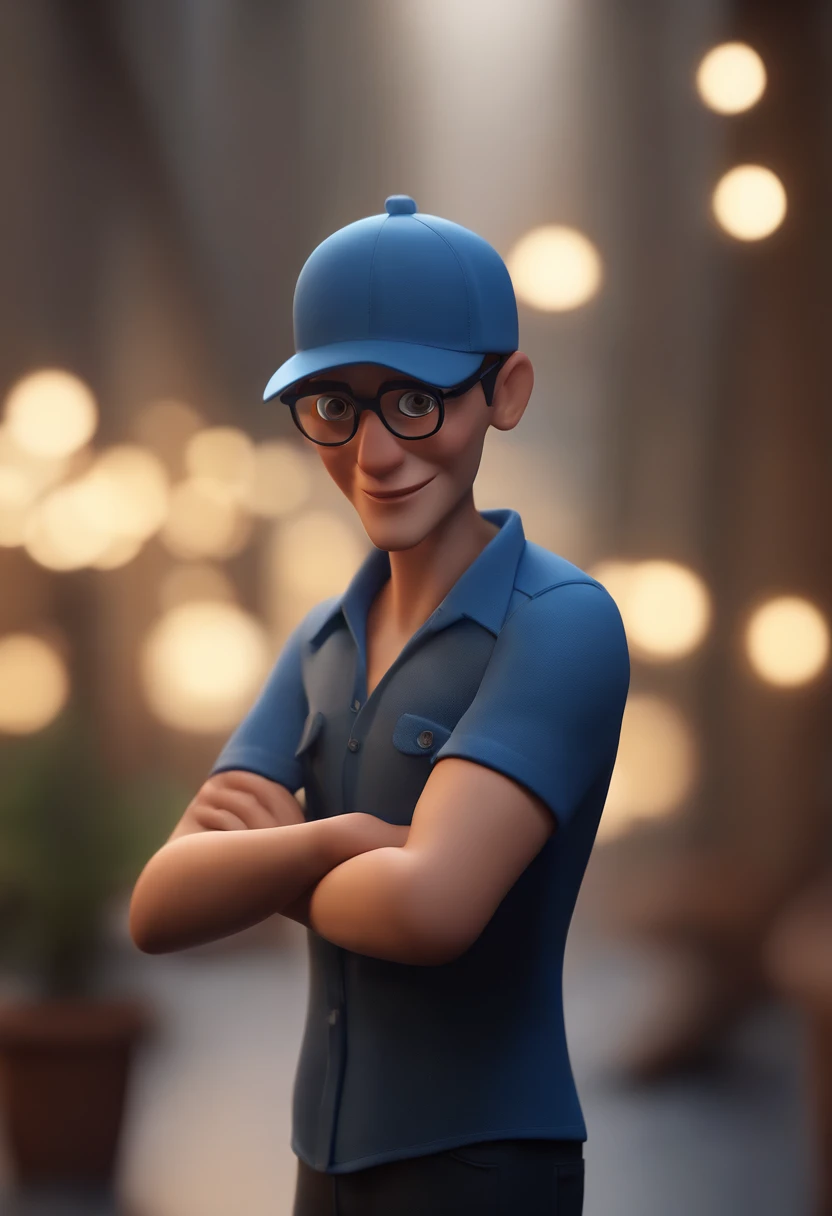 Cartoon character of a man wearing black glasses and a blue shirt, um personagem animado, Caractere estilizado, animation style rendering, 3D estilizado, Arnold Maya render, 3 d render stylized, toon render keyshot, Personagem 3D, Personagem 3D, 3d rendering stylized, 3 d character render, personagem de desenho animado, Personagem de close up, Pose de personagem, (Estilo Pixar) (master part:1.2) (Bokeh) (best quality) (pele detalhada) (textura detalhada) (8k) (argila) (Cinematic lighting) (foco nítido,Senta e vaza a parte superior do corpo