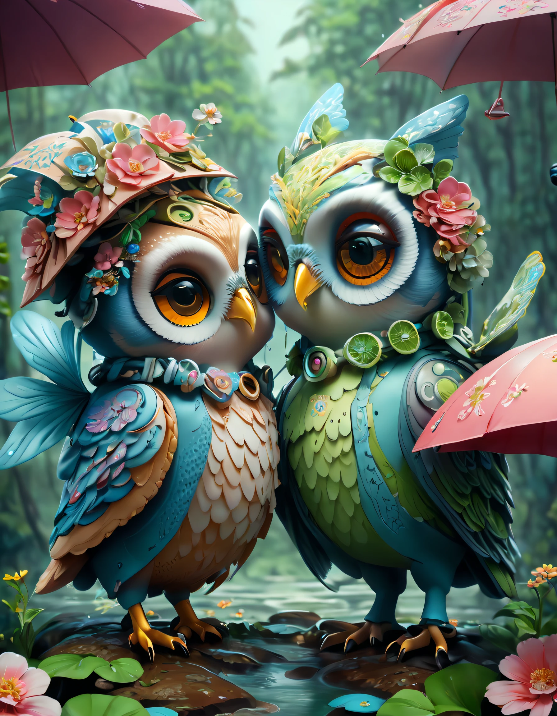 Draw 2 colorful owls with umbrellas with flowers),Owls snuggling together,adolable,anthropomorphic turtle
, Background with:ln the forest, Cute detailed digital art, lovely digital painting, adorable digital art, Beeple and Jeremiah Ketner, cute owl, cute detailed artwork, cute 3 d render, digital painting highly detailed, cute colorful adorable, highly detailed digital artwork, highly detailed and colored, digital art highly detailed, cute artwork