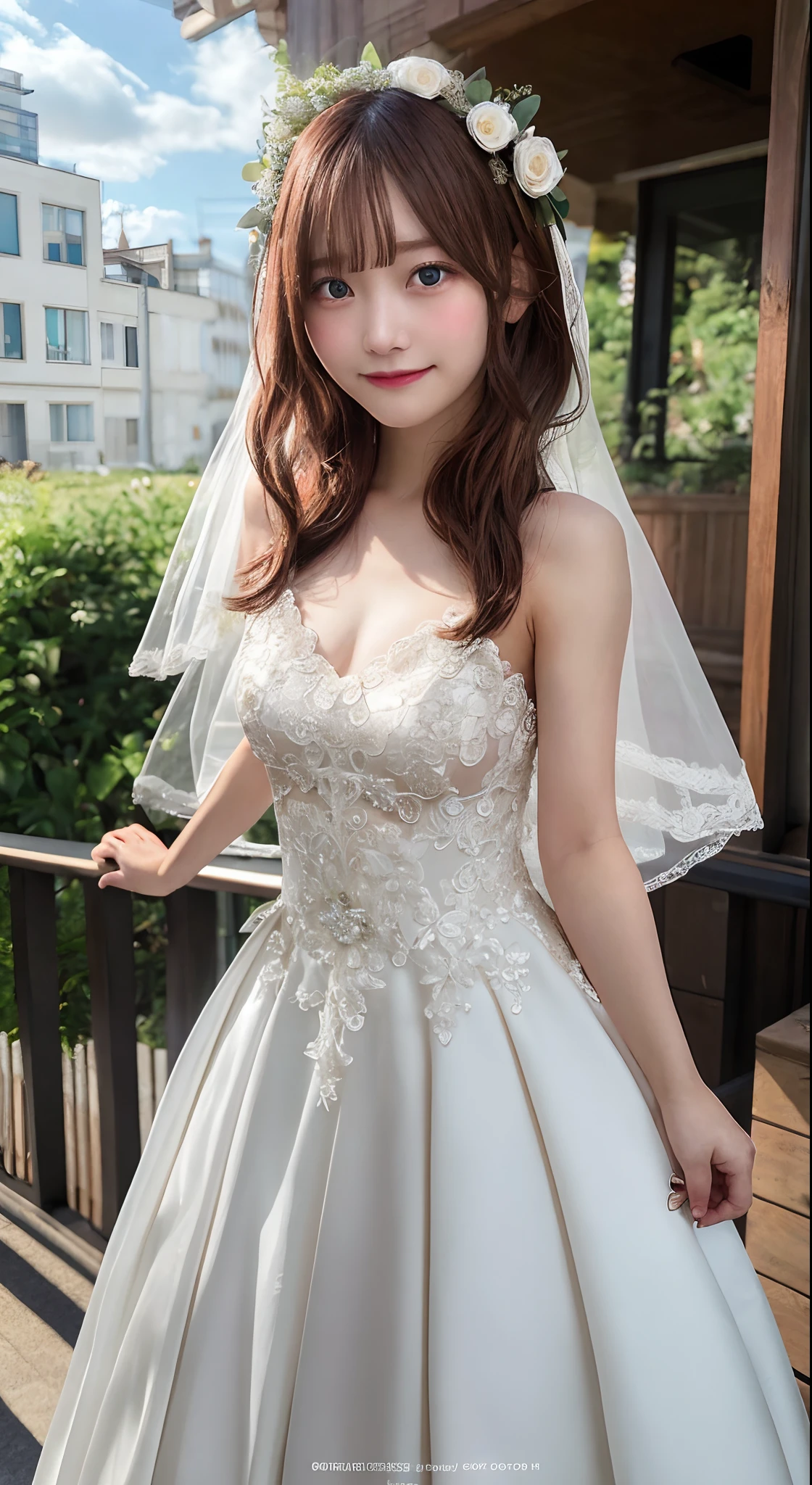masterpiece、top-quality、Hi-Res、NM1、wedding dress、cowboy shot、is standing、A smile、8K,nakano miku, Brown hair, hair between eye、teens girl、A slight smil、a smile