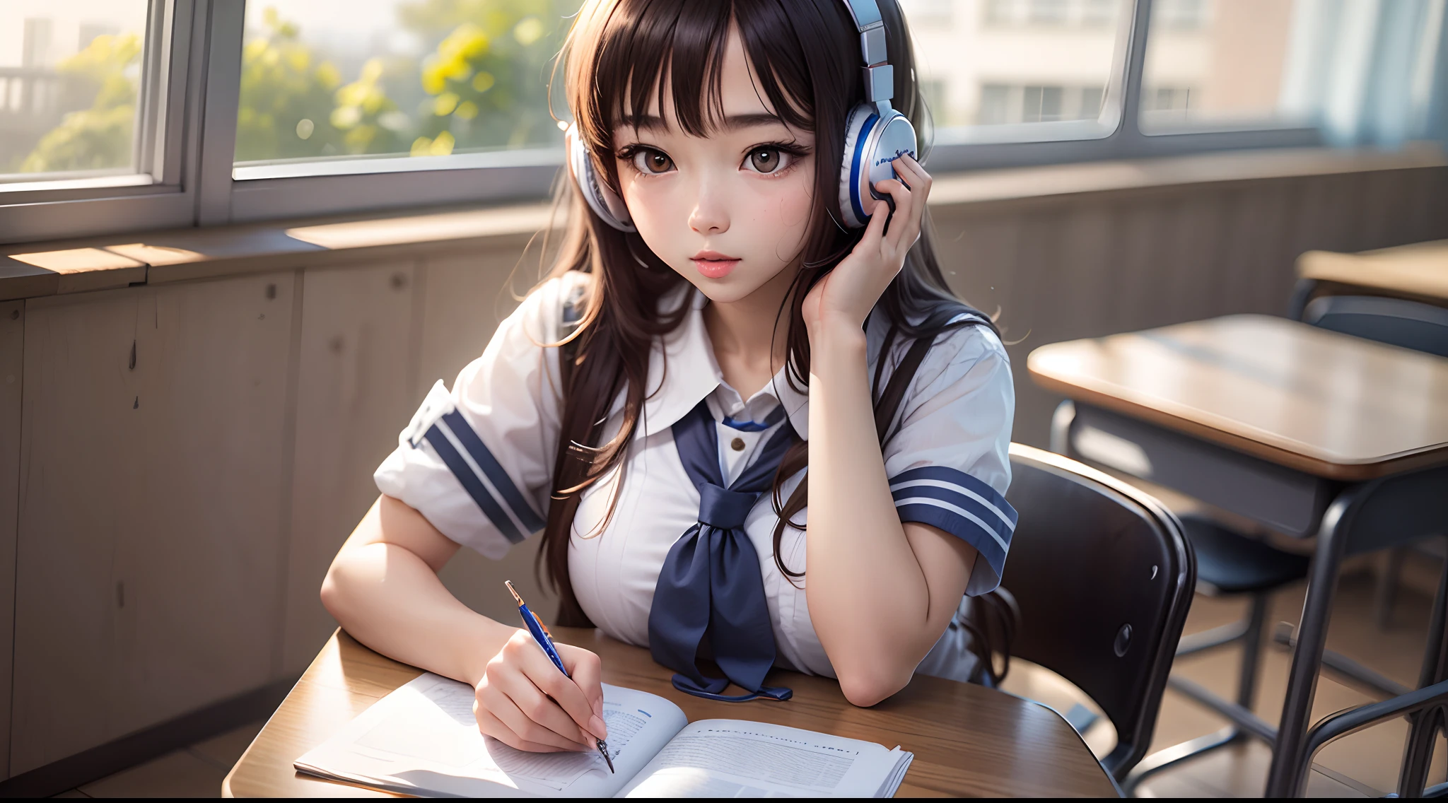 After Girl, Uniform, Cute, Sexy, headphone, listening music, romantic,