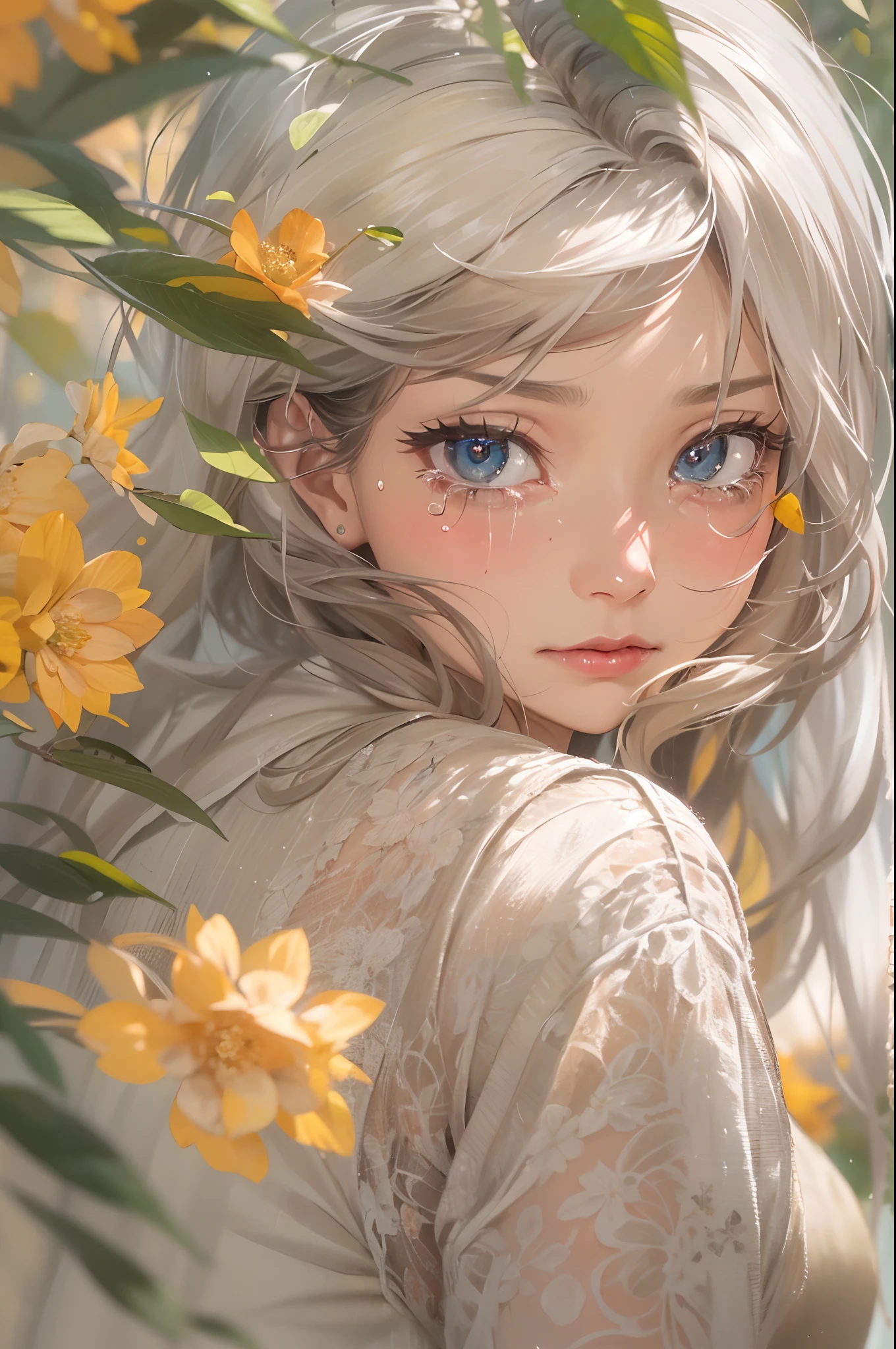 (best quality,4k,8k,highres,masterpiece:1.2),ultra-detailed,realistic:1.37,portraits,Asian woman,Korean, black hair,67 years old, old,tears,eye-catching gaze,expressive face,wrinkles,[ethereal,soft],[emotional,wistful],nostalgic color palette,subtle lighting, plainly dressed,natural backdrop,long hair gently blowing,colorful [floral backdrop,garden scenery],serene expression,carefully painted wrinkles,weathered skin,delicate eyes,long eyelashes,strong,relatable emotions,deep sorrow,highly detailed tears, crying gracefully falling,heartfelt emotions,rich texture,layered brushwork,gentle brushstrokes,wise and experienced,aging beauty,inner strength,quiet resilience