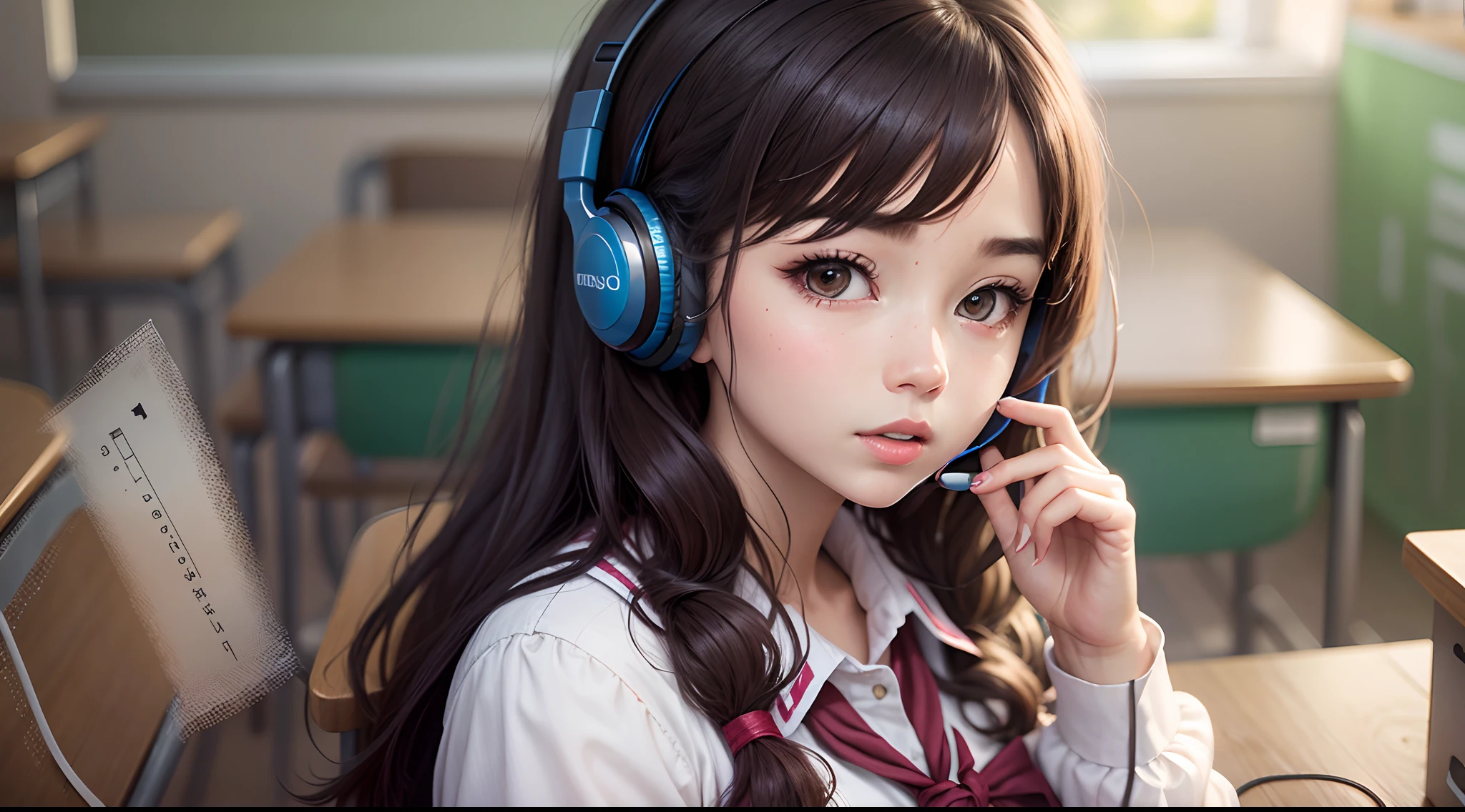 After School Classroom School Girl, Uniform, Cute, Sexy, headphone, listening music, romantic,