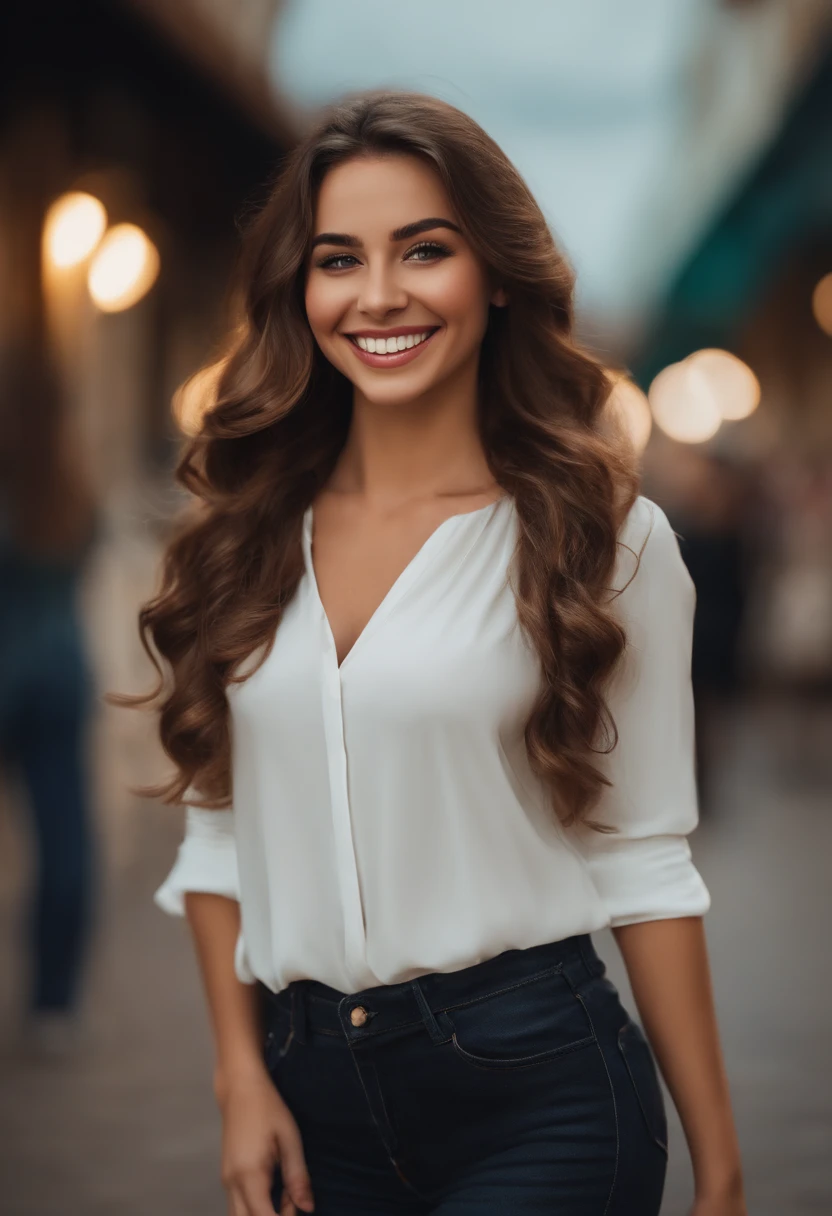 A Disney 3D style style, smiling woman with long hair and white blouse on a street in town, beautiful and smiling, a beautiful young woman, a smiling young woman, a beautiful young woman, a beautiful young woman, she is smiling, she is smiling and happy, Beautiful smiling face, beautiful she is smiling and excited, perfect smile, with a beautiful smile, a beautiful teenager