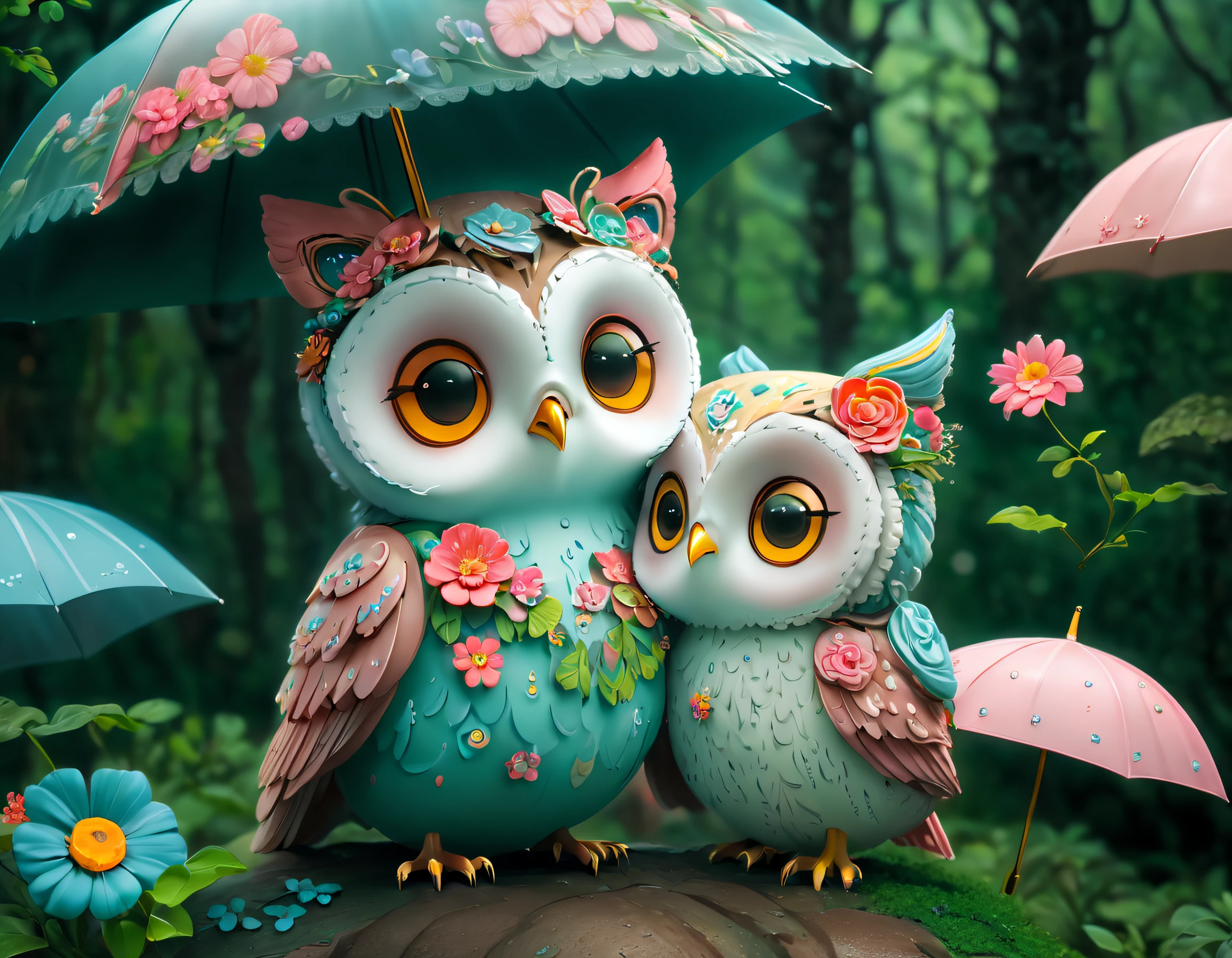 （Draw a colorful owl with an umbrella with flowers）,（Transparent umbrella），
Background with：ln the forest， Cute detailed digital art, lovely digital painting, adorable digital art, Beeple and Jeremiah Ketner, cute owl, cute detailed artwork, cute 3 d render, digital painting highly detailed, cute colorful adorable, highly detailed digital artwork, highly detailed and colored, digital art highly detailed, cute artwork