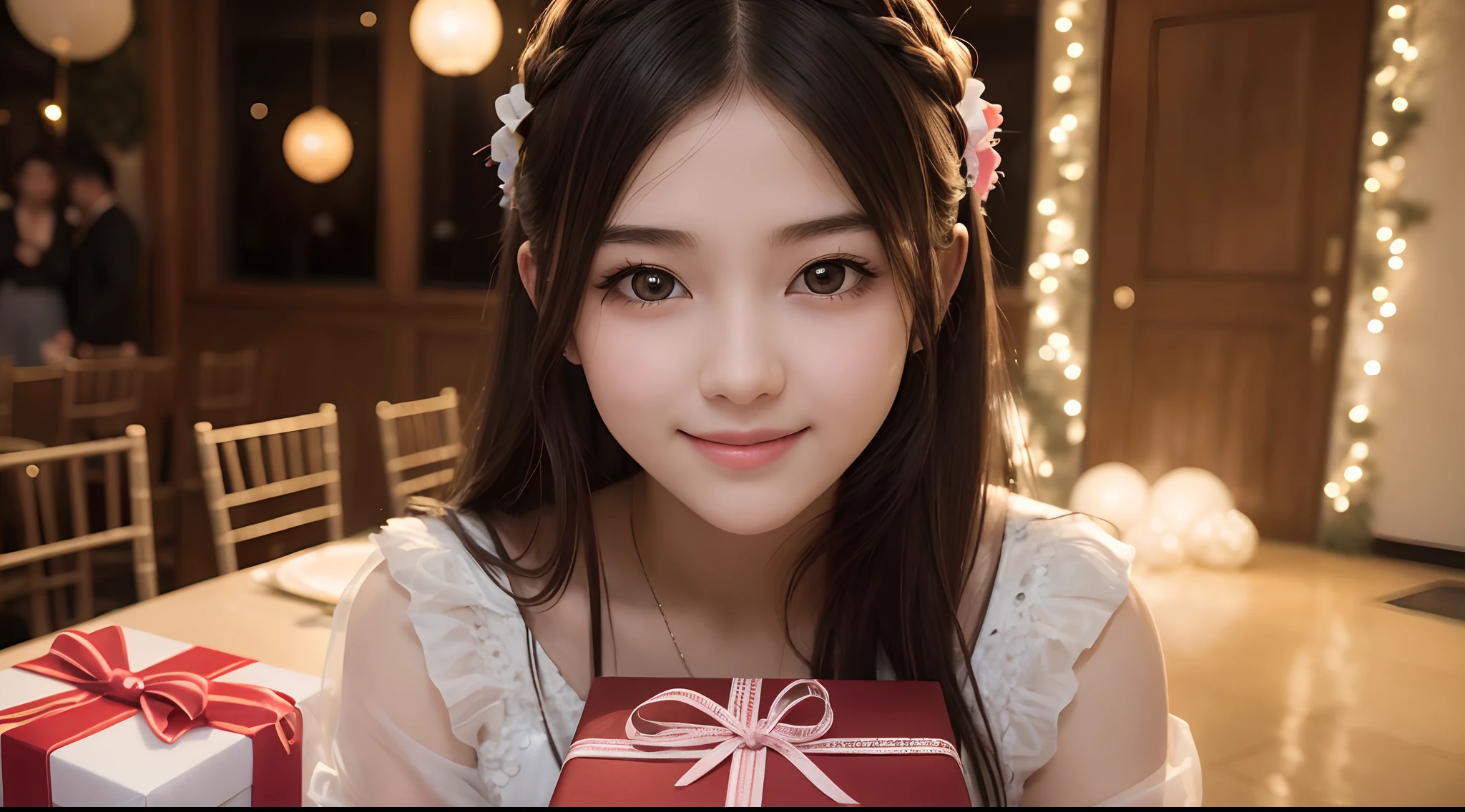 masterpiece, award winning, super detail, high quality, girl, solo, smile, close up, she is twenty years old, dressed up, casual dress, at a small party venue, next to the gift box, party decorations, soft light, cinematic, happiness