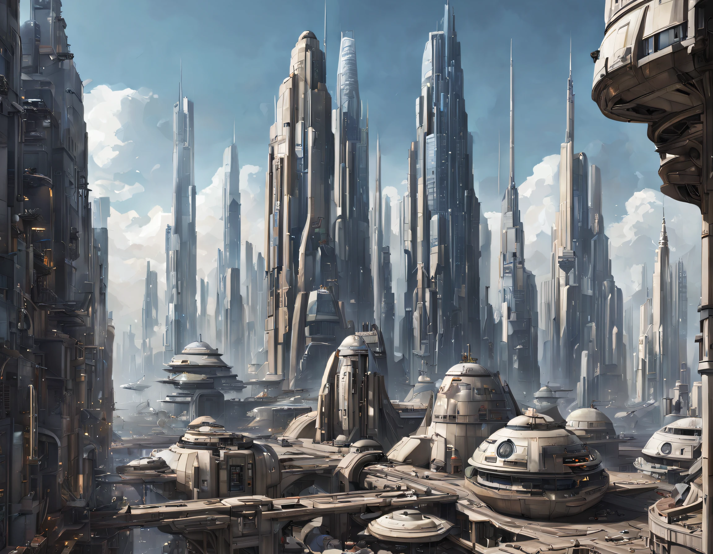 ((The city of Coruscant from Star Wars as designed by Doug Chiang)), futuristic fantasy city with immense buildings of technological design (que forman una avenida infinita), edificios compactor no difuminados, con estructuras acristaladas espectaculares, (con colores vivos y vibrantes). pavimento ensolado (sin brillo). gente paseando. imagen bien definida con muchos edificios juntos. imagen nitida bien definida 8k. los edificios llegan alta el fondo.,8k. imagen cinematografica. ,todo lleno de imaginacion,ciencia ficcion y (intrincados detalles de la maquina).imagen fotorrealista,nitidez maxima, calidad 8k.(obra maestra de calidad superior).