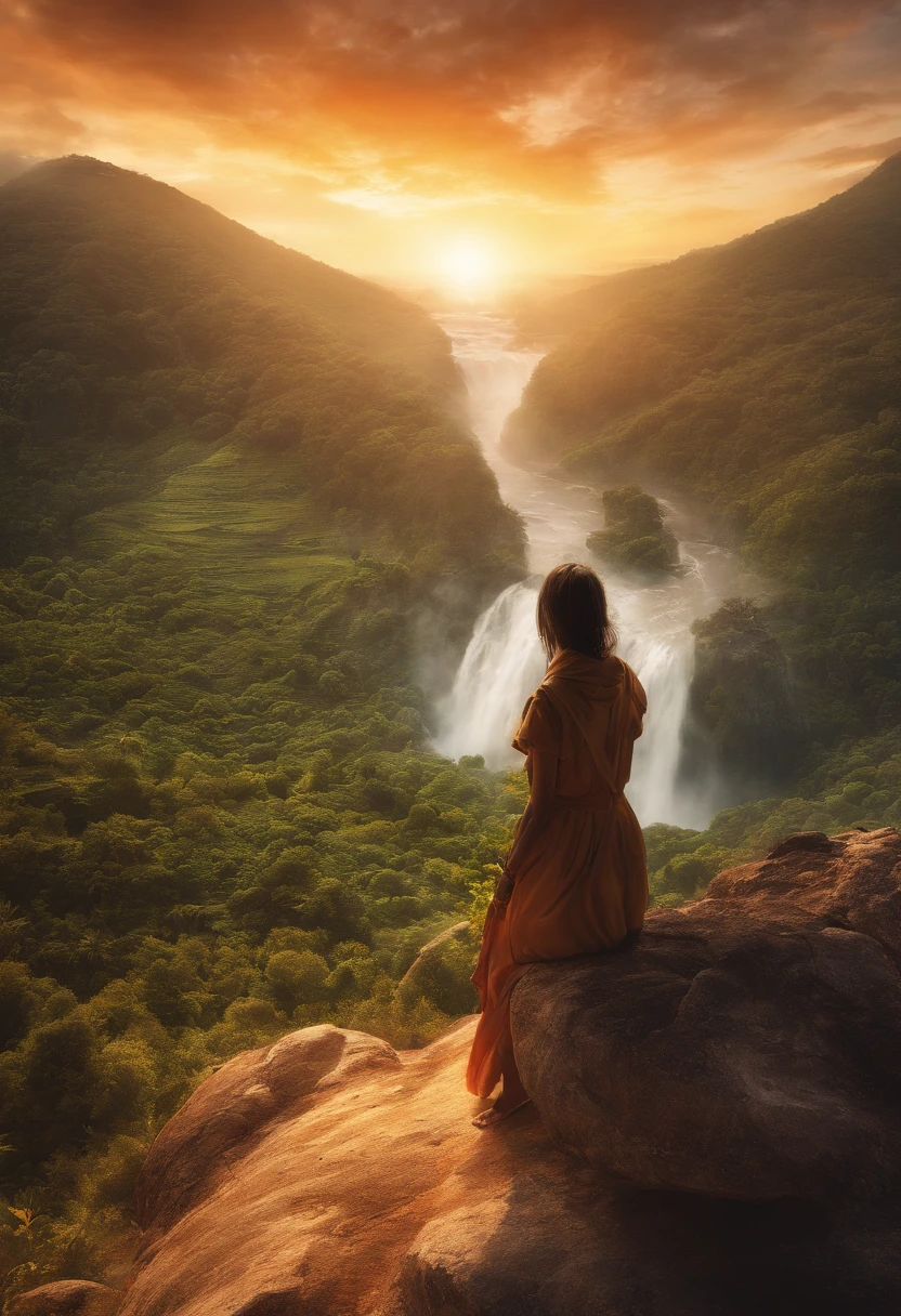 The image depicts a beautiful sunset in orange and gold hues on the horizon; No centro da imagem, there's a person standing, With your arms outstretched and your face turned upwards; The person is surrounded by a bright and transparent aura, representing a sense of peace and liberation; Ao redor da pessoa, Small glowing particles are dispersing, symbolizing the pain that's being left behind; No fundo, there is a serene landscape, com colinas verdes e uma cachoeira reluzente, conveying a sense of renewal and hope; This image conveys the idea of overcoming pain and the search for a happier and fuller life.