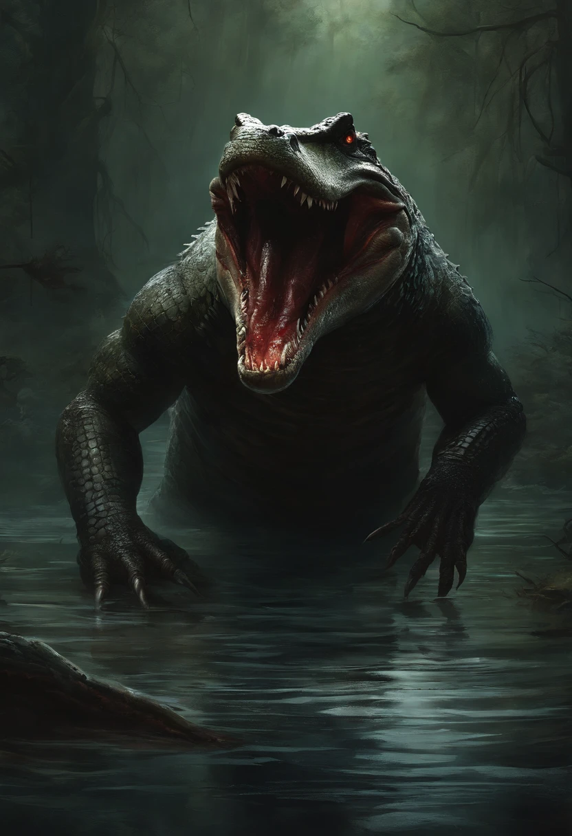 A painting of a humanoid Alligators creature with a bloodied fangs, carnage, Sci - Horror Art of Fiction, Science fiction horror artwork, inspired by Aleksi Briclot, Alligators, de carnage, Horror fantasy art, par Aleksi Briclot, Horror concept art, venin, Art fantastique et horreur, Detailed illustration of 4K horror, beast creature, Dark Horror Art