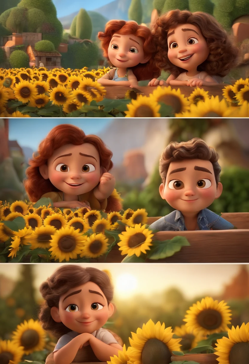 Create a Disney PIXAR-style 3D poster. ((centro da imagem, Triplets)), ((3 )) ((1 menino no meio e 2 meninas ao lado, They're hugging each other, O menino tem pele castanha e cabelos castanhos escuros e olhos castanhos escuros, 1 menina tem pele clara, olhos e cabelos escuros e cacheados, e a outra menina tem pele morena, olhos escuros e cabelos escuros e lisos)) ((tudo isso no estilo Disney PIXAR 3D, In the background, A house of sunflowers, Gloria Studio, The garden is full of nature 3D render RTX clay material, estilo de design cartunesco, POP Mart, soft lighting, linhas suaves, Spring tilt, Detailed illustrations of PIXAR 3D, Detalhes hiper-realistas, cor quente no estilo Disney PIXAR 3D))