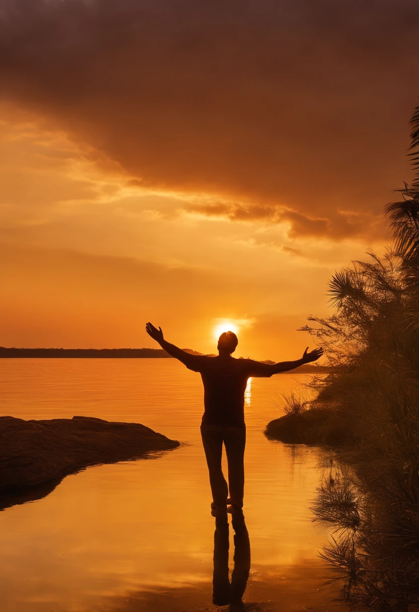 The image depicts a beautiful sunset in orange and gold hues on the horizon; No centro da imagem, there's a person standing, With your arms outstretched and your face turned upwards; The person is surrounded by a bright and transparent aura, representing a sense of peace and liberation; Ao redor da pessoa, Small glowing particles are dispersing, symbolizing the pain that's being left behind; No fundo, there is a serene landscape, com colinas verdes e uma cachoeira reluzente, conveying a sense of renewal and hope; This image conveys the idea of overcoming pain and the search for a happier and fuller life.