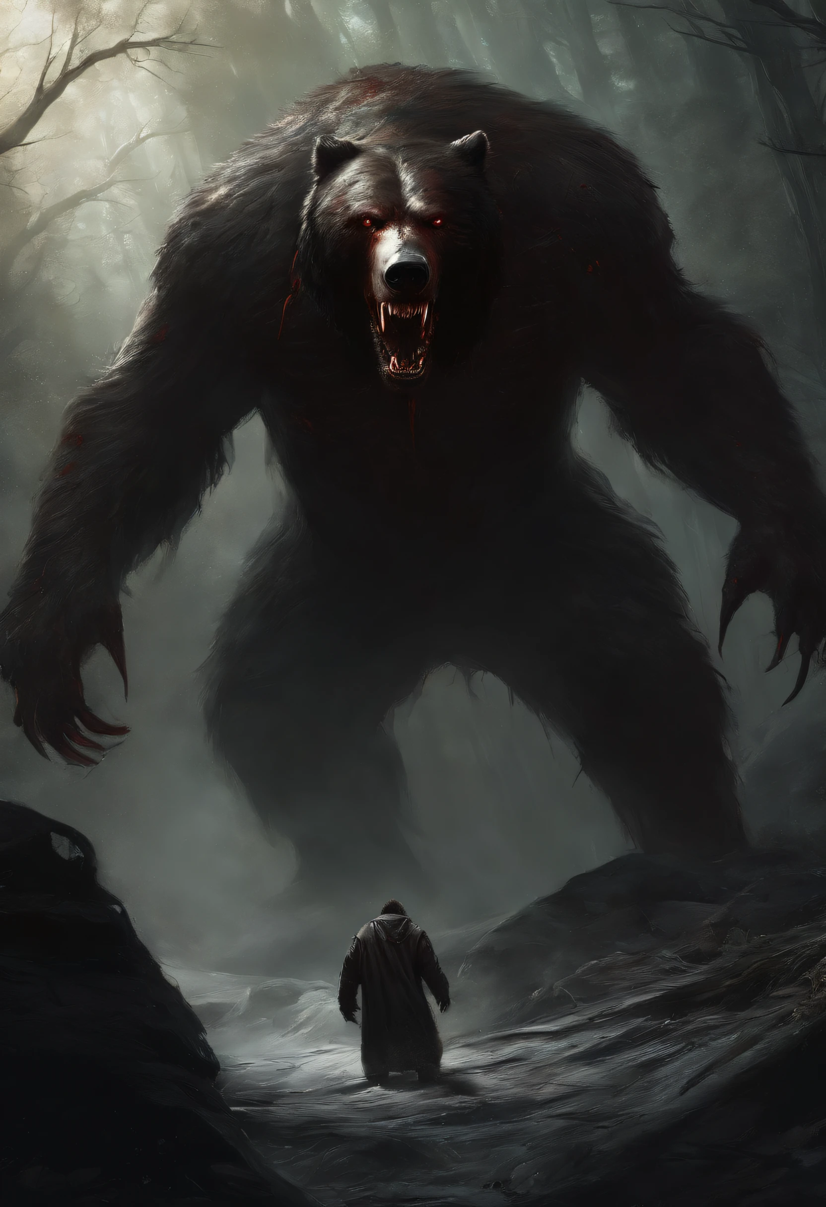 horror art, werewolf, cabin in the woods, flora, dark ambient, poland cryptid, sharp teeth, terrifying, full body render, dynamic