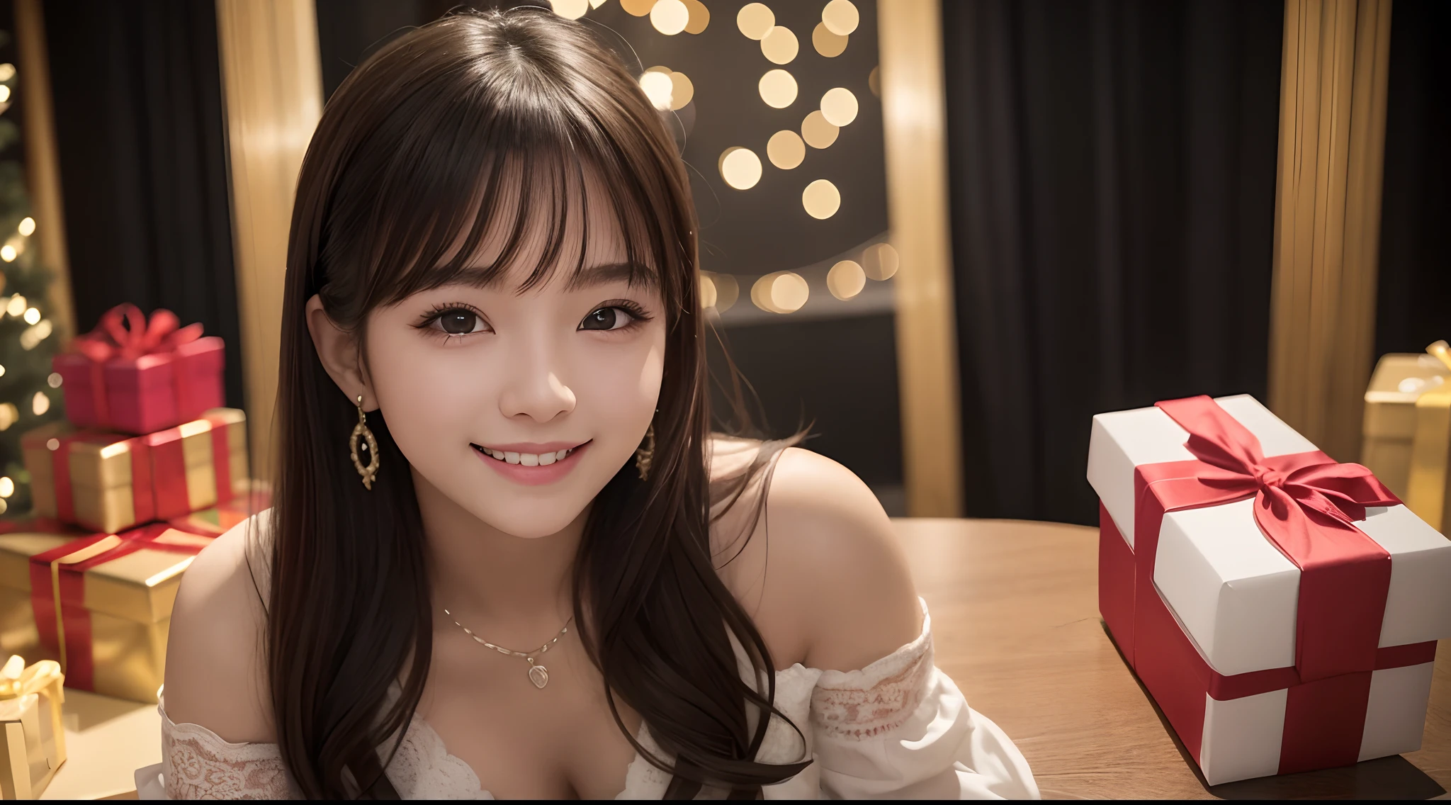 masterpiece, award winning, super detail, high quality, girl, solo, smile, close up, she is twenty years old, dressed up, casual dress, at a small party venue, next to the gift box, party decorations, soft light, cinematic, happiness