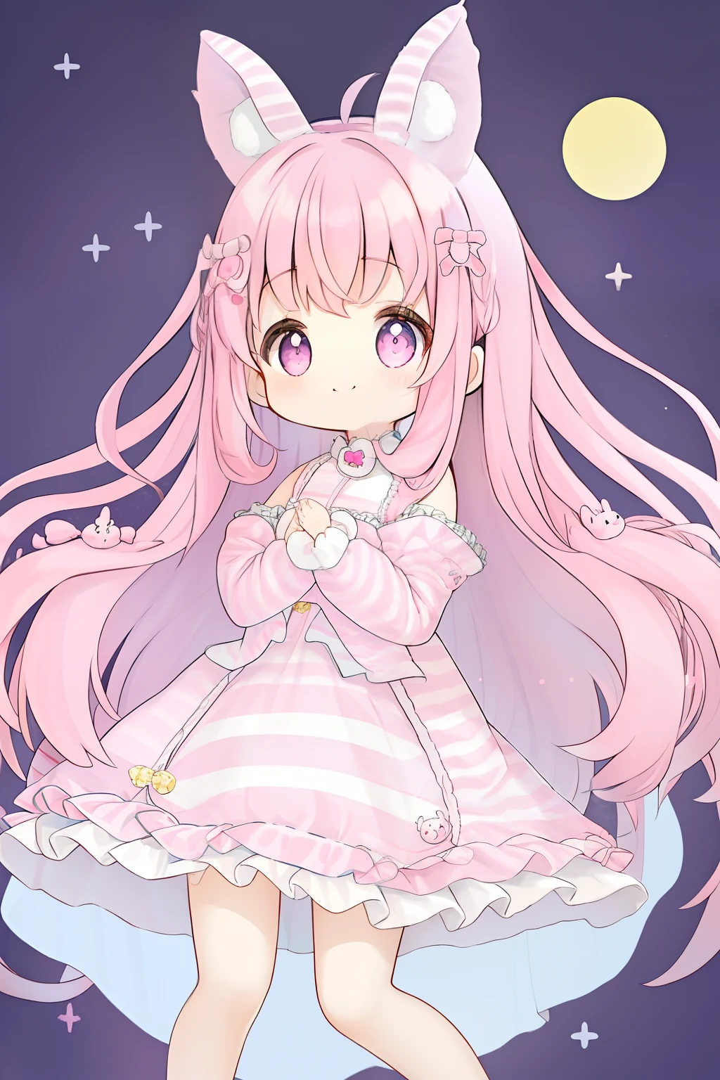 Steppiece, Best Quality, Cute, kawaii, 1girl in, Solo, (Long Hair Pink Long Hair、Pale pink long hair、)((Pink striped dress))Pink striped pattern、Pink eyes、Delicate eyes、Cute eyes、smil、Smile subtly、Pink slippers、slippers、((Pink slippers))(8K)((non-sleeve))Rabbit ears、Rabbit tail、((Long、Hair is down、Long))Lack of sleeves、(((tchibi)))