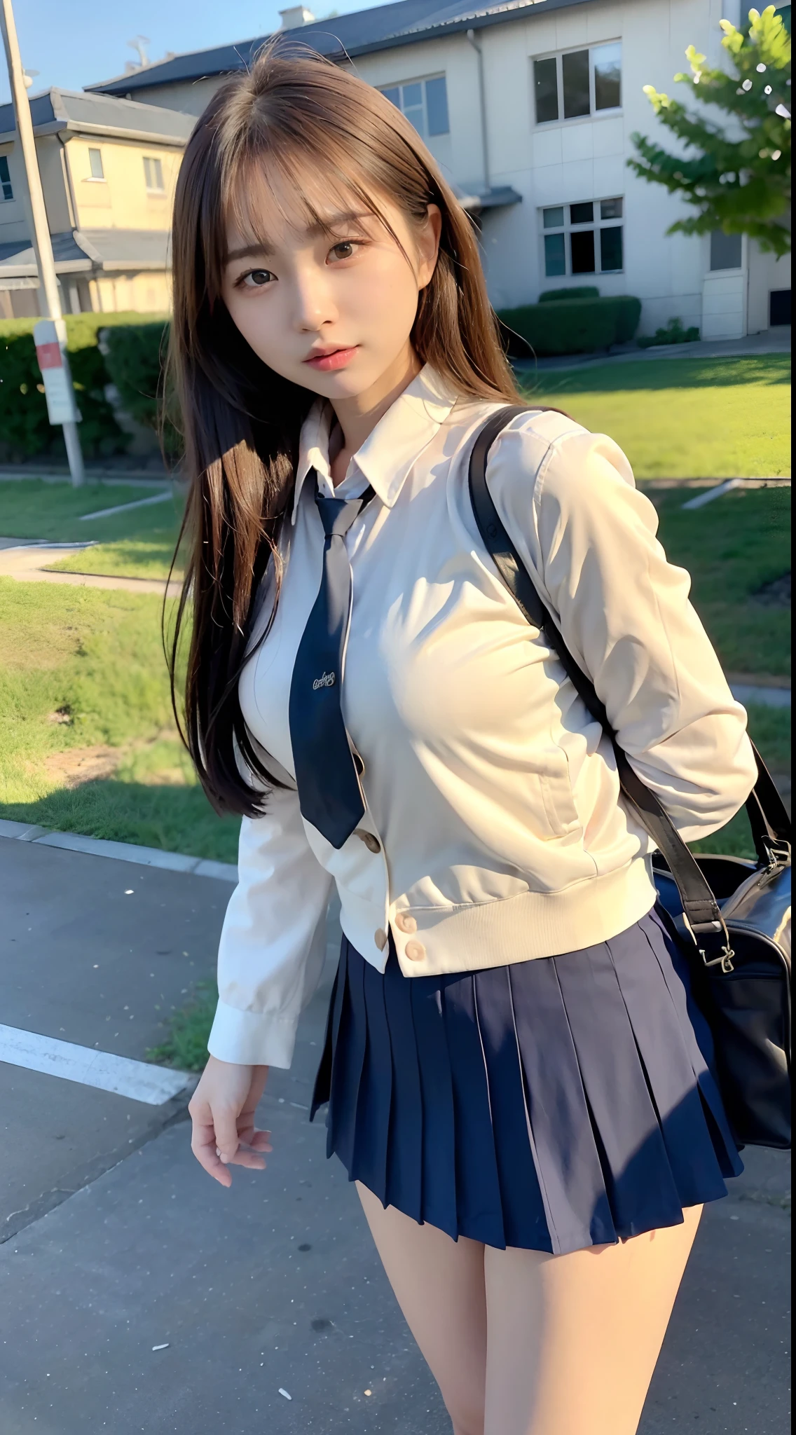 mix4, (16 K, Raw photography, Top image quality, masterpiece: 1.45), (realisitic, Photorealsitic: 1.37), tall girl, cute little, A city scape,, profetional lighting, photon maping, school classrooms, physically-based renderingt, dark brown hair,pony tail hairstyle, Well-groomed and beautiful eyes、((二重まぶた))、Transcendent Cute Girl, (((student clothes、blazers、Long sleeve shirt worn by Japan high school girl、Ribbon Ties、Dark blue mini skirt,、Dark blue socks、Black loafers))), Top Quality Photos, hight resolution, 1080p, (clearface), (Detailed face description), (Detailed hand description), (masterpiece), (Exquisite CG)、extreme light and shadows、dishevled hair、master work、abundant detail、(Fine facial features)、(top quality photo)、(masuter piece)、(A detailed eye)、Look in front of you、Fine clavicle、((Slender big))、(((Japan schoolgirls wear jackets and long-sleeved shirts)))、((Neat and clean idol))、((School Gate、school ground、School building in the background))、(Shooting from random perspectives)、(((Anyway cute)))、耳Nipple Ring、A big smile、Drawing the whole body from the knees、Do not draw nasolabial folds、(((Sports bags used by Japan schoolgirls)))、(Big breasts that hang down big:1.2)、Big buttocks with tension、Two arms and two legs、(((from the front side:0.7)))、bare hand、(((Left and right symmetrical eyes)))、Standing Pose、Put your hands on your desk、Do not take the tie out of the jacket、Raise your buttocks:1.5,barebacked:1.5,