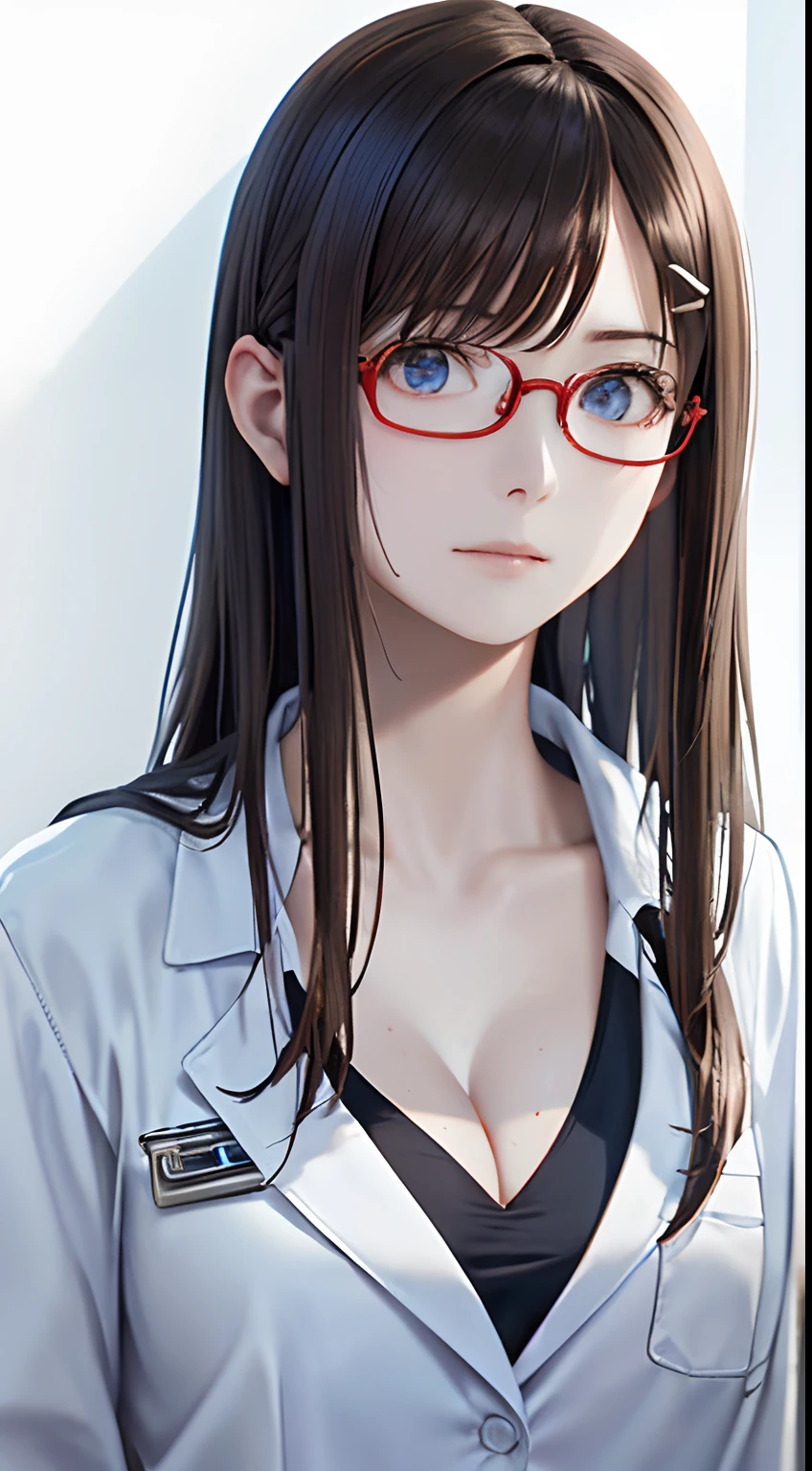 (top-quality、8K、32K、​masterpiece、nffsw:1.2)、(Raw photography)、(realisitic)、(Photorealsitic:1.2)、(hight resolution)、ultra-detailliert、extremely beautiful face and eyes、1girl in、round small face、big breasts thin waist、Delicate body、(a closeup、top-quality、high detailing、rich skin detail、nffsw)、(Best Quality、8K、Oil Painting、masutepiece:1.2)、Ultra-detailed、(Realistic、Photorealistic:1.37)、Vibrant colors、(((I'm wearing a lab coat)))、(((Wearing a white coat like a doctor)))、(((I'm wearing a light blue inner garment)))、(((cleavage of the breast)))、(((light brown hair)))、(((Very long hair)))、(((Wearing red-rimmed glasses)))、(((bustshot)))、(((White wall background)))、(((Bangs are fastened with hairpins)))、(((wearing lab coat)))、(((Thrilling look)))、(((Light Blue Inner)))、(((I'm sweating)))、(((The face is flushed)))、(((Frightened look)))、(((The face is tense)))、(((I'm hugging myself with my hands)))
