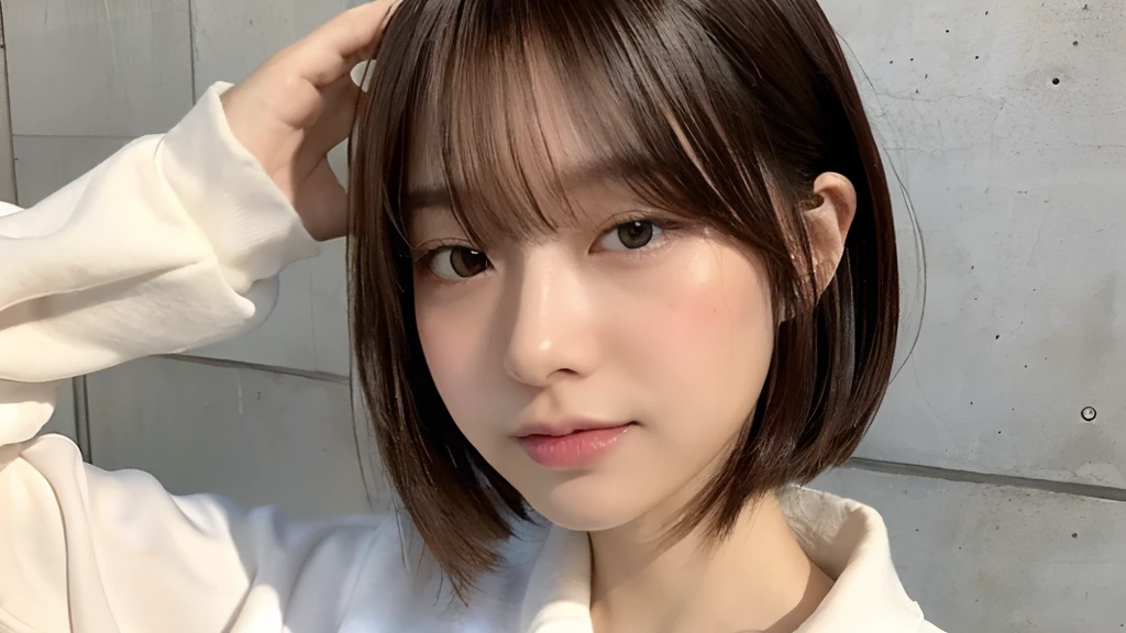 (top-quality、16K resolution)女の子1人、独奏、natural soft light、small tits、A Japanese Lady、Looking at the camera、Long sleeve white T-shirt、Concrete background、Facing the front、is standing、bobhair、Woman in her late teens、Light bangs、short-hair、Salon model、Natural look、portlate、floated hair、Rolled hair