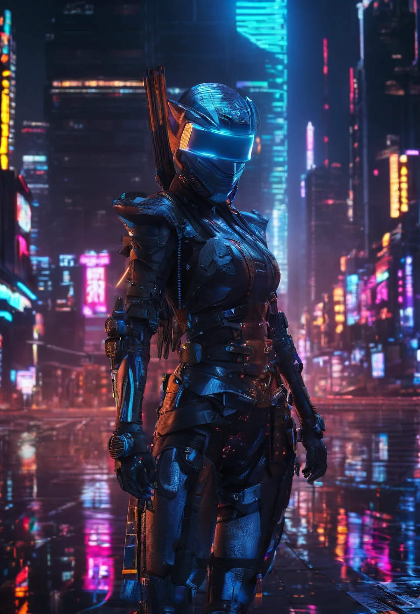 A cyber ninja  sexy women in a dystopian world, wearing a sleek black armor suit, with glowing blue eyes and advanced cybernetic enhancements. The ninja is seen in a dynamic action pose, leaping across a neon-lit rooftop, with rain pouring down and reflecting off the slick surface. The cityscape below is filled with towering skyscrapers, illuminated by colorful holographic advertisements. The ninja's katana is drawn, its blade gleaming with blue energy, ready to strike. The overall atmosphere is dark and mysterious, with a futuristic techno vibe. The lighting is dramatic, with intense highlights and deep shadows, creating a sense of depth and tension. The color palette