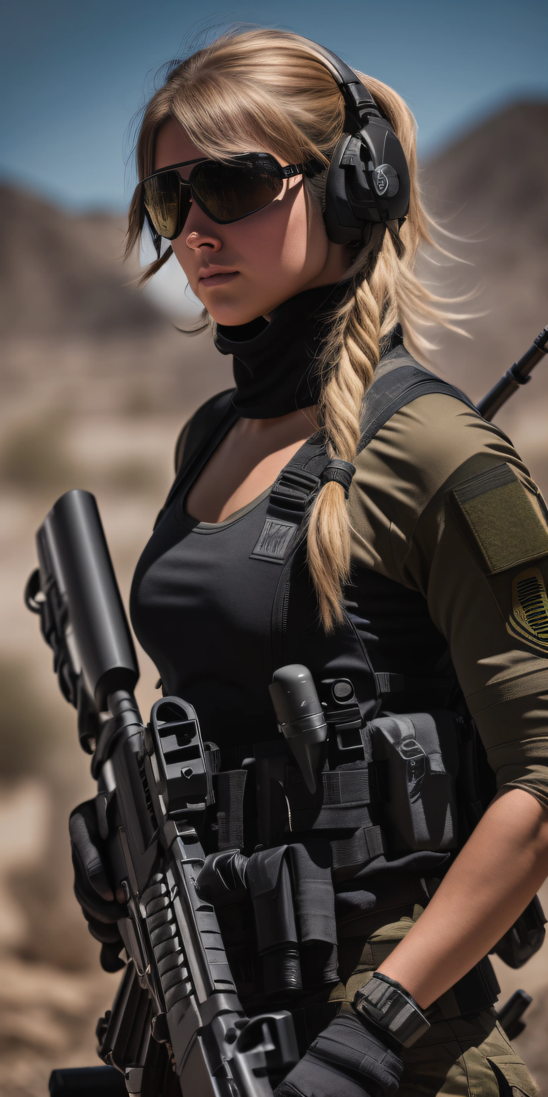 a woman in a black outfit holding a rifle and wearing headphones, soldier girl, mechanized soldier girl, military girl, beautiful female soldier, female lead character, infantry girl, of a sniper girl in war, solo female character, future combat gear, close up half body shot, quiet from metal gear solid v, wearing tactical gear, dressed in tactical armor