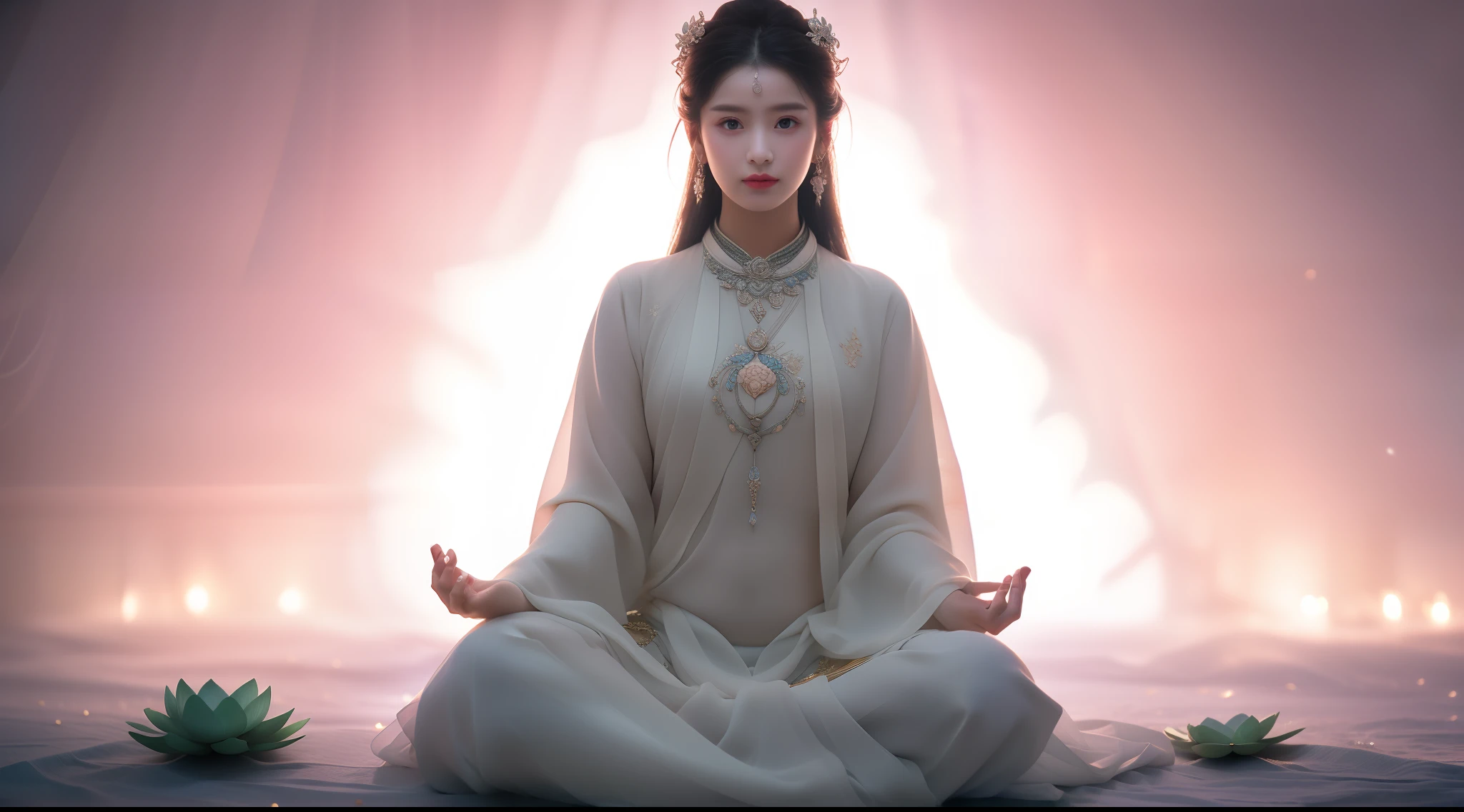 There is a beautiful goddess in the void meditating cross-legged on a large lotus flower，Perfect body posture，A meditative，Long curved eyebrows，Beautiful eyes sparkle，The large, Jewel-like eyes sparkle，Clear pupils have reflected light，二重まぶた，（（Plump and rosy lips）） Clearly visible，（（Flushed cheeks）），The mandible is plump，Fair skin is delicate and smooth，Delicate skin translucent，A delicate and dexterous crown，inlaid gemstones，Exquisite and ingenious，inlaid gemstones，Sitting on a light red lotus in the air，look straight at the camera，（（Pinch the stem of the lotus flower with one hand）），(((nice hand)))，（（（（Good feet））），（（（good legs））），realisticlying，white skinned，（（Correct body structure）），White clothing，decorated in white，Meditate on the lotus pose，baiyun，Blue sky，Head background with round light，Behind him is a colorful rainbow circle，Color glow is turned on，Front lighting，Positive light，No shadows on the face，There are no shadows on the body，Blue sky，Unreal space，ethereal world，dreamworld，with blue sky and white clouds，tmasterpiece，4K，ultra-definition，professional photoshooting，Perspective looks up，Standard lens shooting，