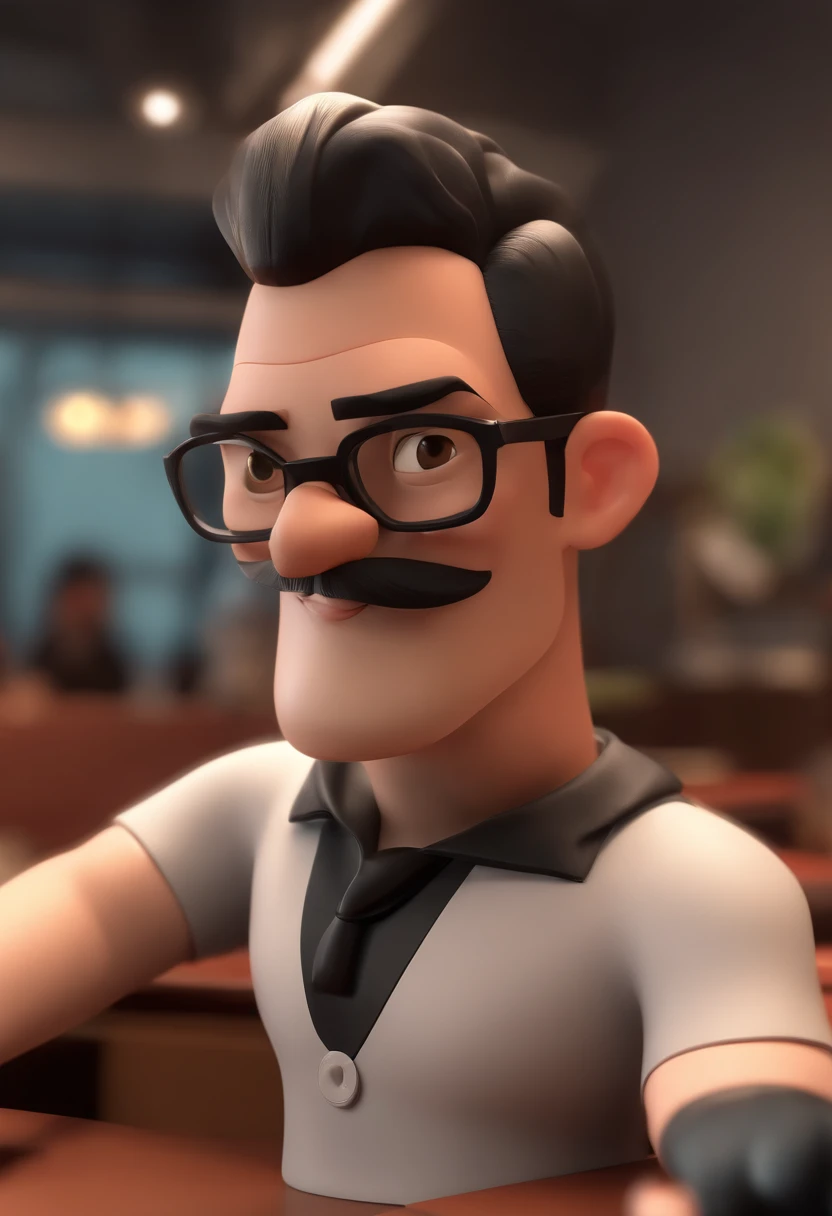 Cartoon character of a man with black glasses and a black polo shirt, cabelo liso, With beard and old school tattoo on his arm, animation character, Caractere estilizado, animation style rendering, 3D estilizado, Arnold Maya render, 3 d render stylized, toon render keyshot, Personagem 3D, Personagem 3D, 3d rendering stylized, 3 d character render, personagem de desenho animado, Personagem de close up, Pose de personagem, (Estilo Pixar) (master part:1.2) (Bokeh) (best quality) (pele detalhada) (textura detalhada) (8k) (argila) (Cinematic lighting) (foco nítido