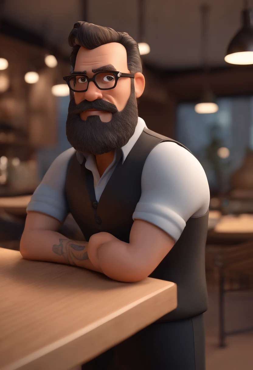 Cartoon character of a man with black glasses and a black polo shirt, cabelo liso, With beard and old school tattoo on his arm, animation character, Caractere estilizado, animation style rendering, 3D estilizado, Arnold Maya render, 3 d render stylized, toon render keyshot, Personagem 3D, Personagem 3D, 3d rendering stylized, 3 d character render, personagem de desenho animado, Personagem de close up, Pose de personagem, (Estilo Pixar) (master part:1.2) (Bokeh) (best quality) (pele detalhada) (textura detalhada) (8k) (argila) (Cinematic lighting) (foco nítido