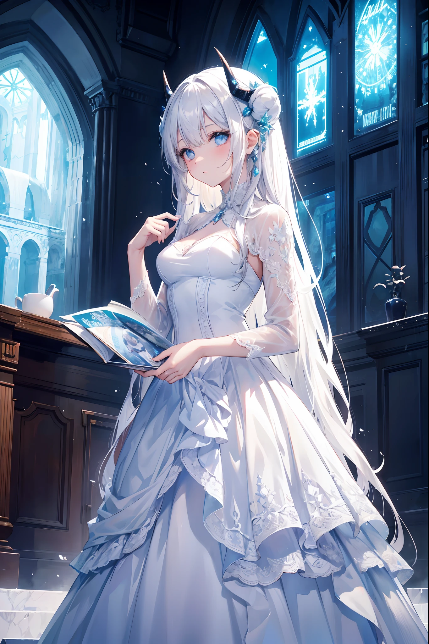 In the beautiful ice castle, there was a girl with horns. She wore a beautiful lace dress and her white hair was long enough to reach the floor. Around her, ice sculptures were decorated, and her beauty was as if she were in a dream.
The girl stood quietly, but her eyes seemed to have a deep sadness. She seemed to be looking for something and was looking around.