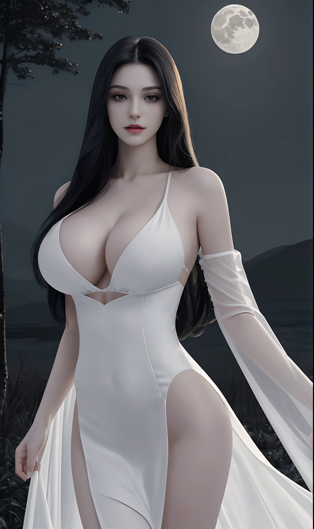 best quality,masterpiece,highres,cg,1girl,Photograph,high resolution,8k,dark,Gothic,capricorn,supergiant breasts, a beautiful young lady in white standing in the moonlight she is wearing a beautiful white dress, the dress is translucent and allows the moon light to pass through exposing her body. She has a soft young face, huge boobs, a thin yet sensual body, sexy and mysterious. Raven hair, pale skin like the moonlight.