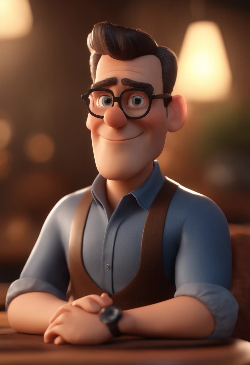 Cartoon character of a man with black glasses and a blue shirt, animation character, Caractere estilizado, animation style rendering, 3D estilizado, Arnold Maya render, 3 d render stylized, toon render keyshot, Personagem 3D, Personagem 3D, 3d rendering stylized, 3 d character render, personagem de desenho animado, Personagem de close up, Pose de personagem,  (Estilo Pixar) (master part:1.2) (Bokeh) (best quality) (pele detalhada) (textura detalhada) (8k) (argila) (Cinematic lighting) (foco nítido