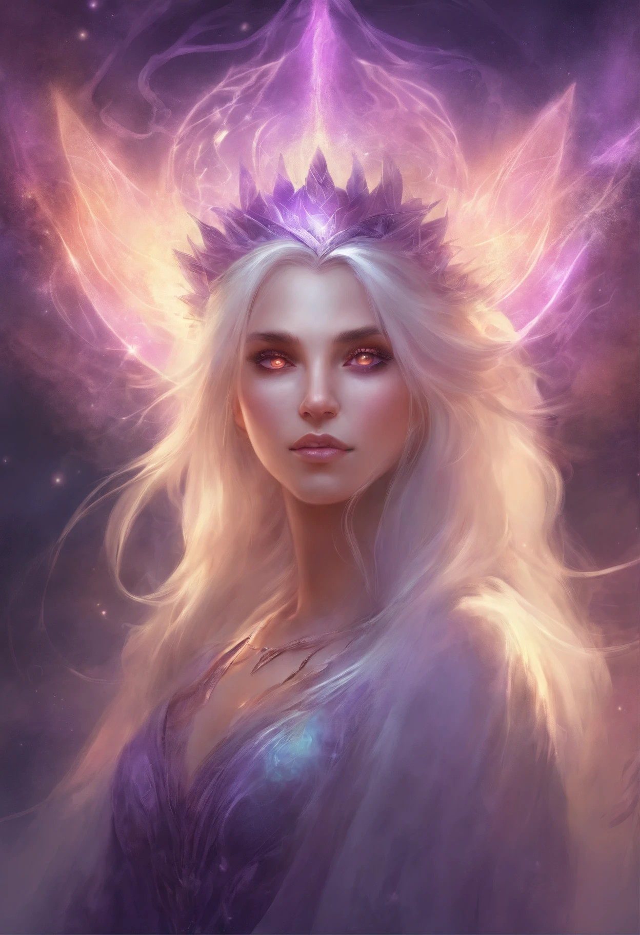 A young witch with glowing purple eyes, white hair and the power of ilusion