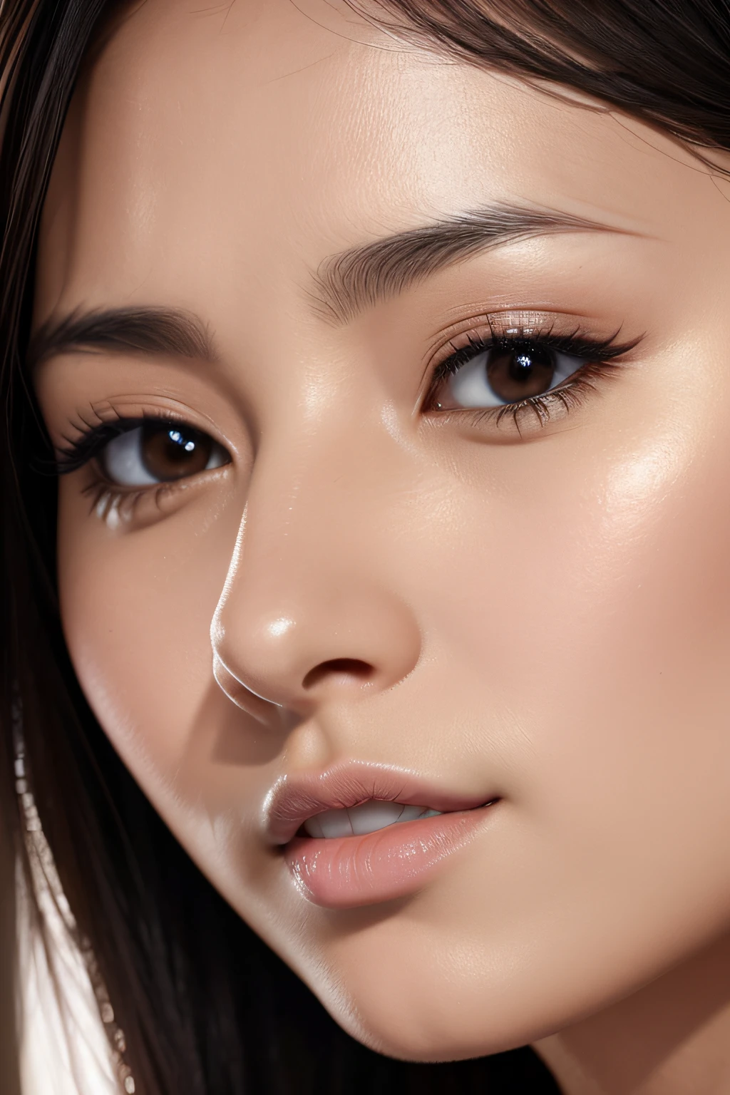 masutepiece,,award - winning photo, Extremely detailed、35 year old、A dark-haired、Glossy skin、Close-up of face,(Super close-up of nose,Face shot),low angles:1.5,(Realistic nostrils)、Lens Distortion Removal、Realistic skin texture、Reproduction of pores、profile、1girl in,elongated nostrils、profile、