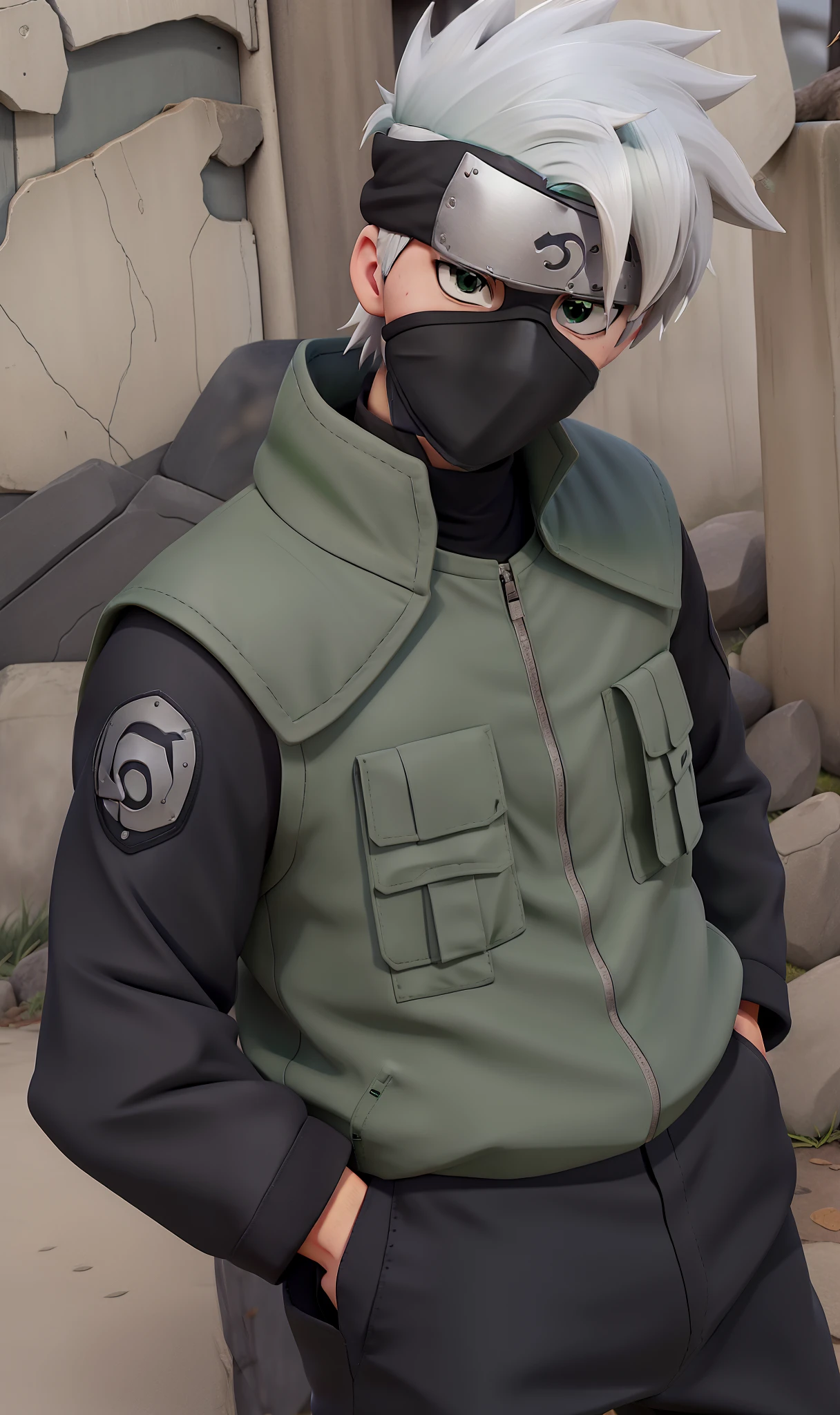 1man, hatake kakashi in anime naruto, short hair , white hair, black eyes, handsome, green clothes, realistic clothes, detail clothes, outdoor background, ultra detail, realistic