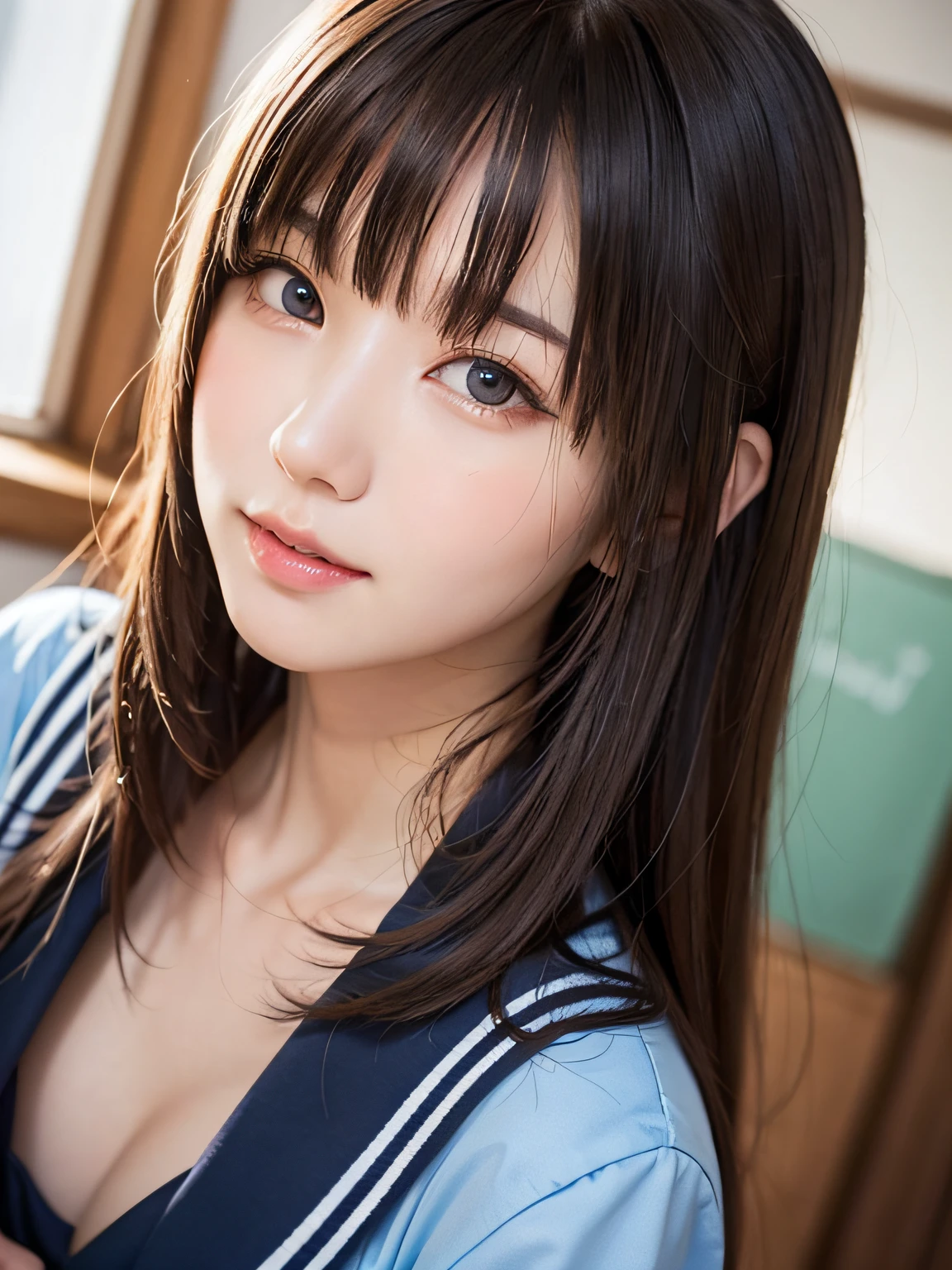 bright expression、photorealisim、top-quality、超A high resolution、a picture、Photos of the most beautiful Nordic girls、full body Esbian、Detailed cute and beautiful face、a small face、(pureerosface_v1:0.008)、Beautiful bangs、alice in the wonderland、low angle shot 、18year old、Glowing white shiny skin、Hair tangled in the face、Bangs that extend to the face、bangss、Hair between the eyes、Super long hair、Attractive brown silky hair、finer hair、Bright, Her clear light blue eyes shine charmingly、School Uniforms、student clothes、Korean Makeup、eye liner、Double eyelids、ample breasts、Dynamic Pose