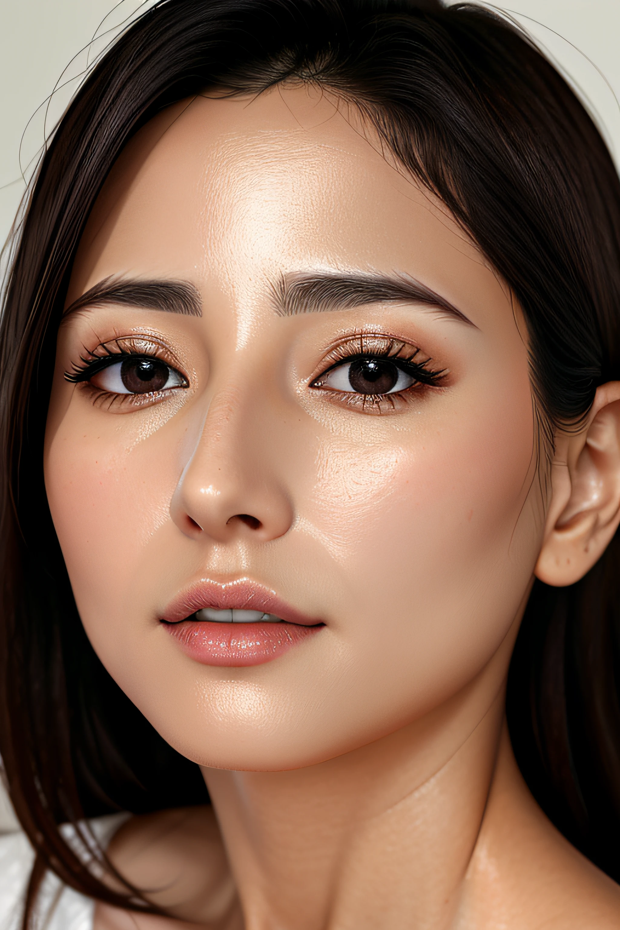 masutepiece,,award - winning photo, Extremely detailed、35 year old、A dark-haired、Glossy skin、Close-up of face,(Realistic nostrils)、Lens Distortion Removal、Realistic skin texture、Reproduction of pores、profile、1girl in,elongated nostrils、